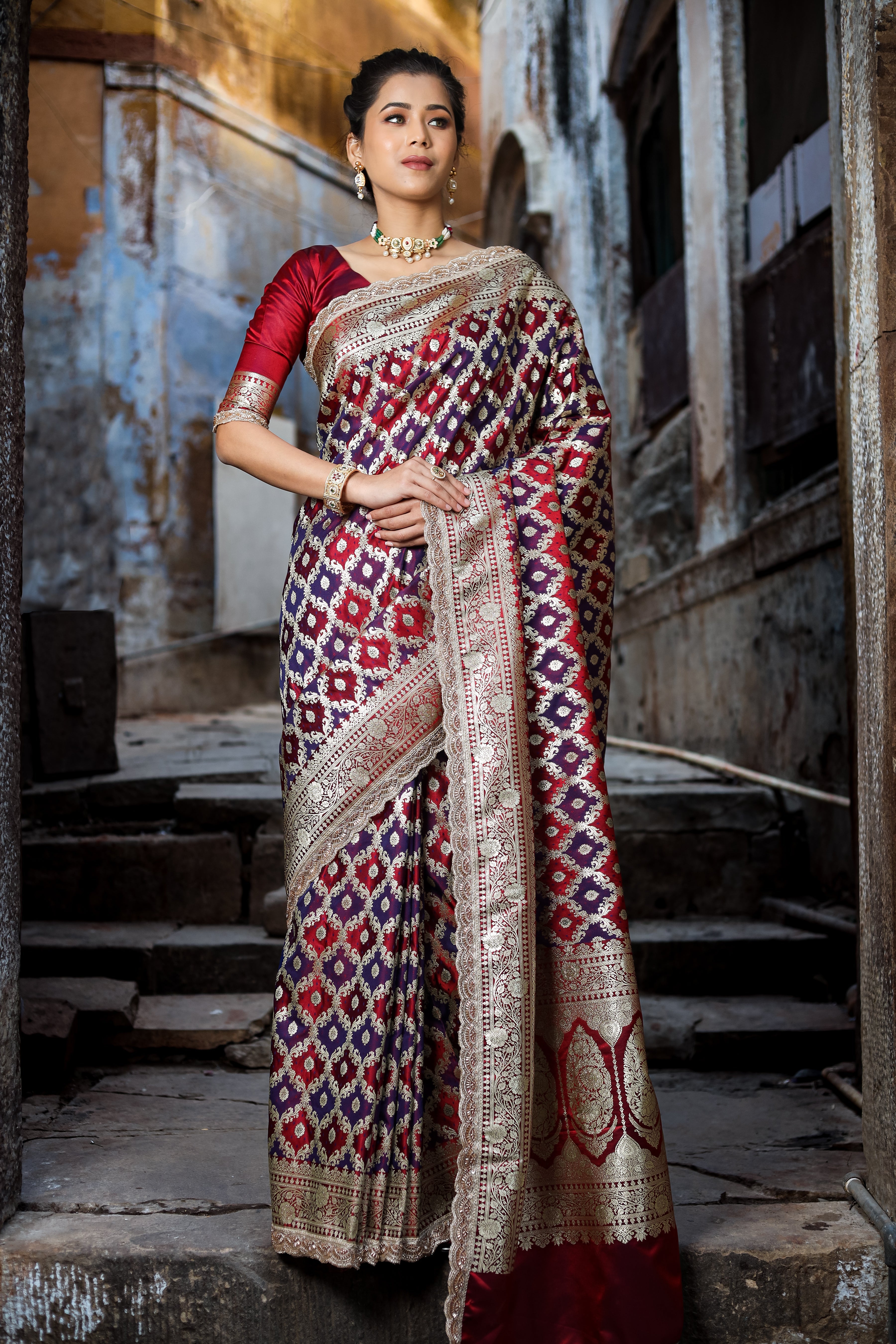 Garnet-Navy Rangkaat Banarasi Mashru Silk Saree | Designer Gota Patti Work Saree