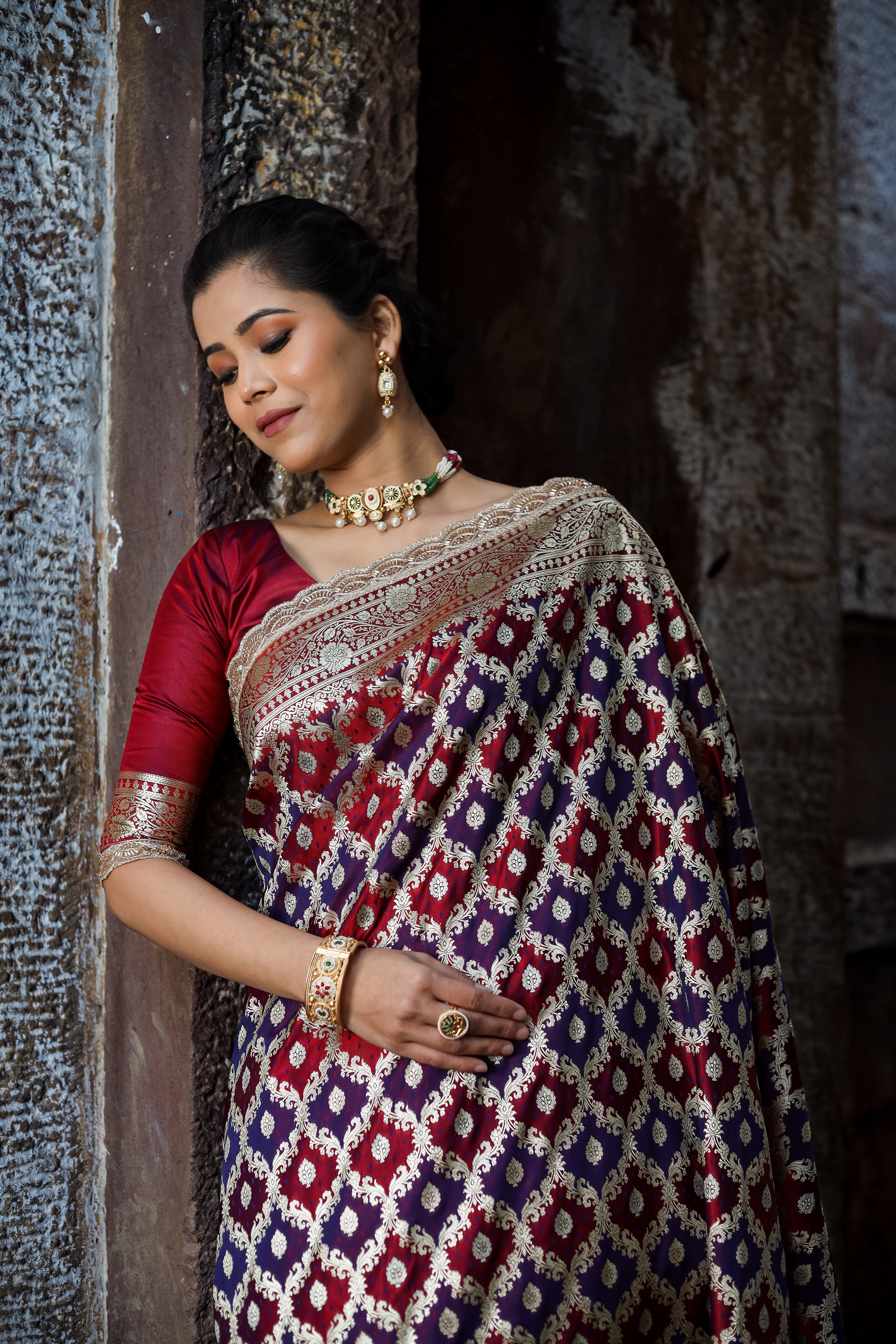 Garnet-Navy Rangkaat Banarasi Mashru Silk Saree | Designer Gota Patti Work Saree