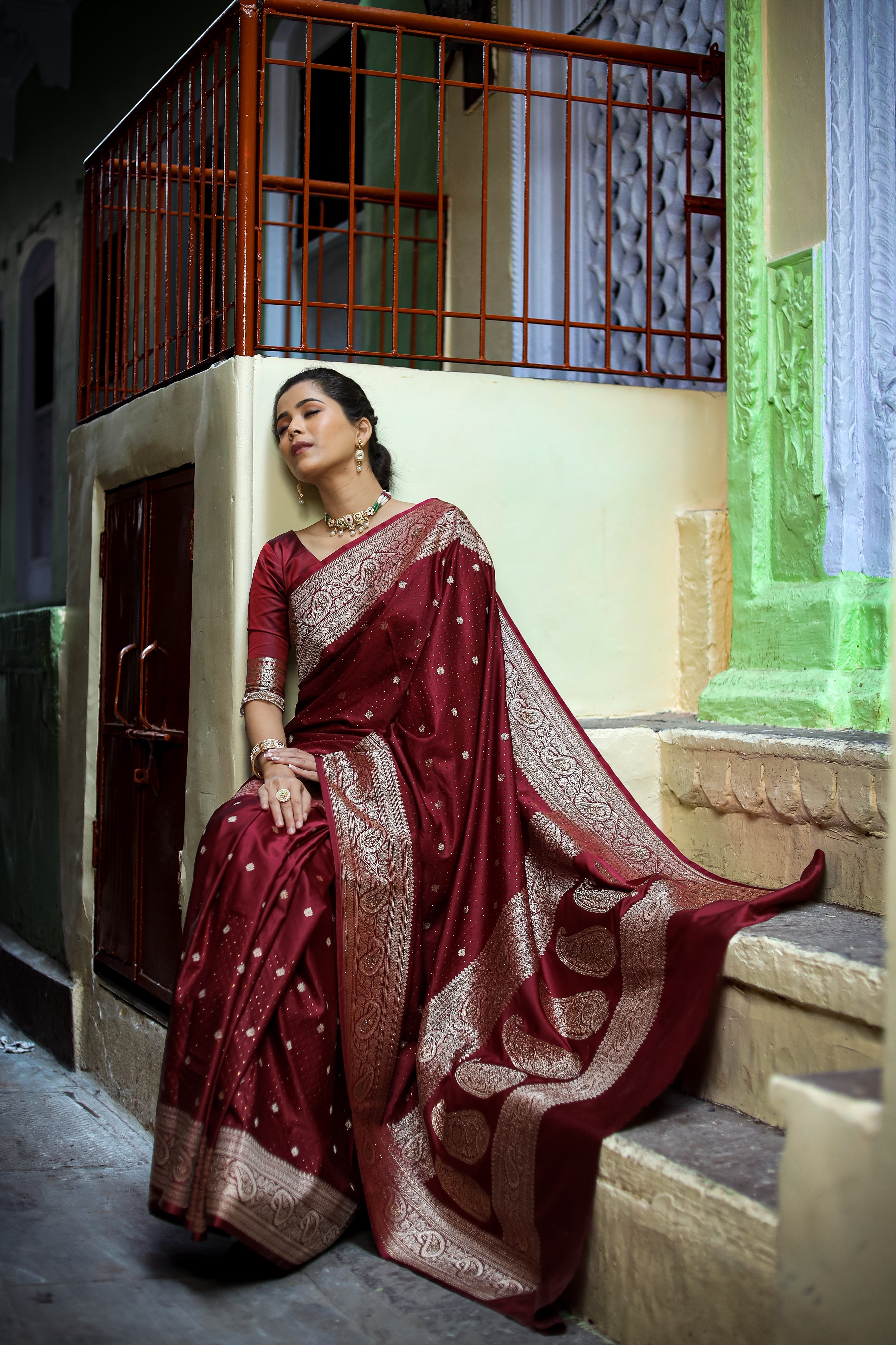 Garnet Wine Siroski Intricate Stone Work Banarasi Mashru Silk Saree