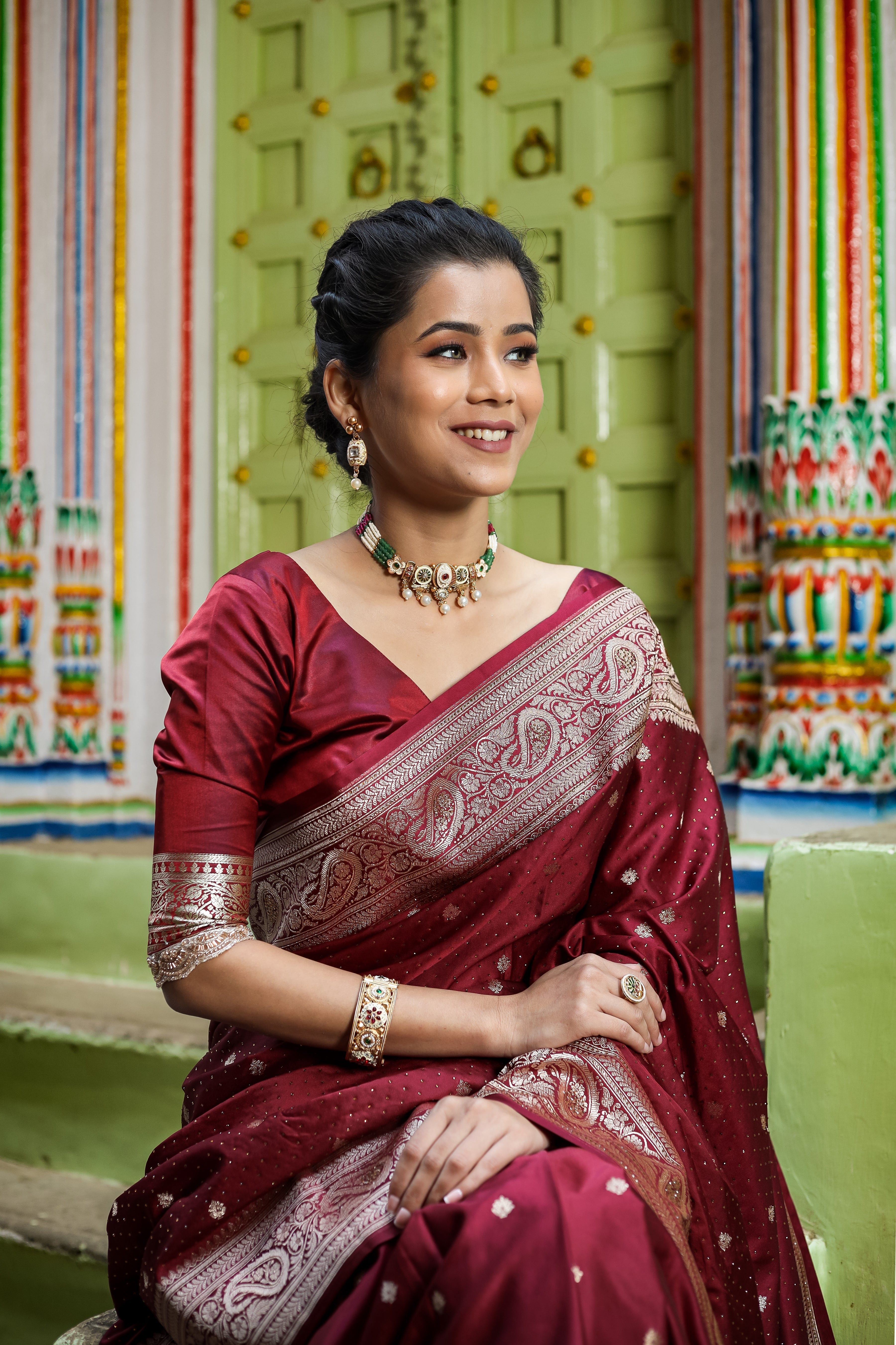 Garnet Wine Siroski Intricate Stone Work Banarasi Mashru Silk Saree