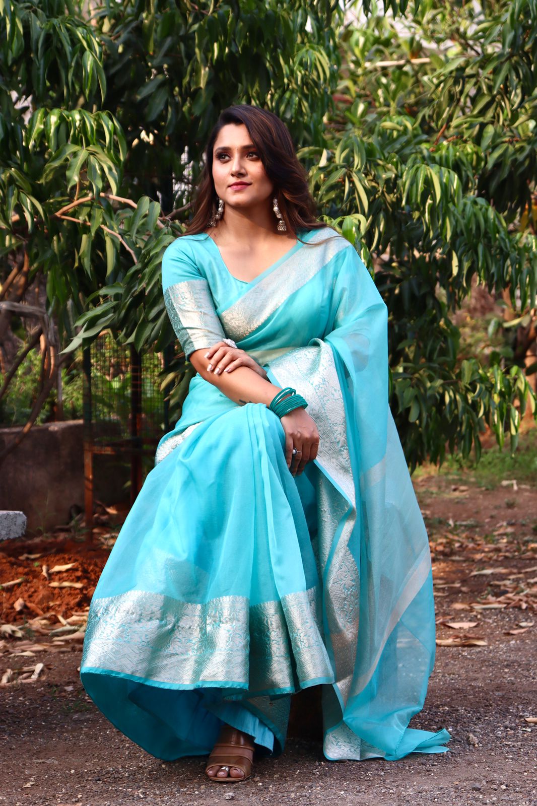Turquoise Blue Organza Saree Banarasi Skirt Border Woven Pattern | Hanfi Handicraft