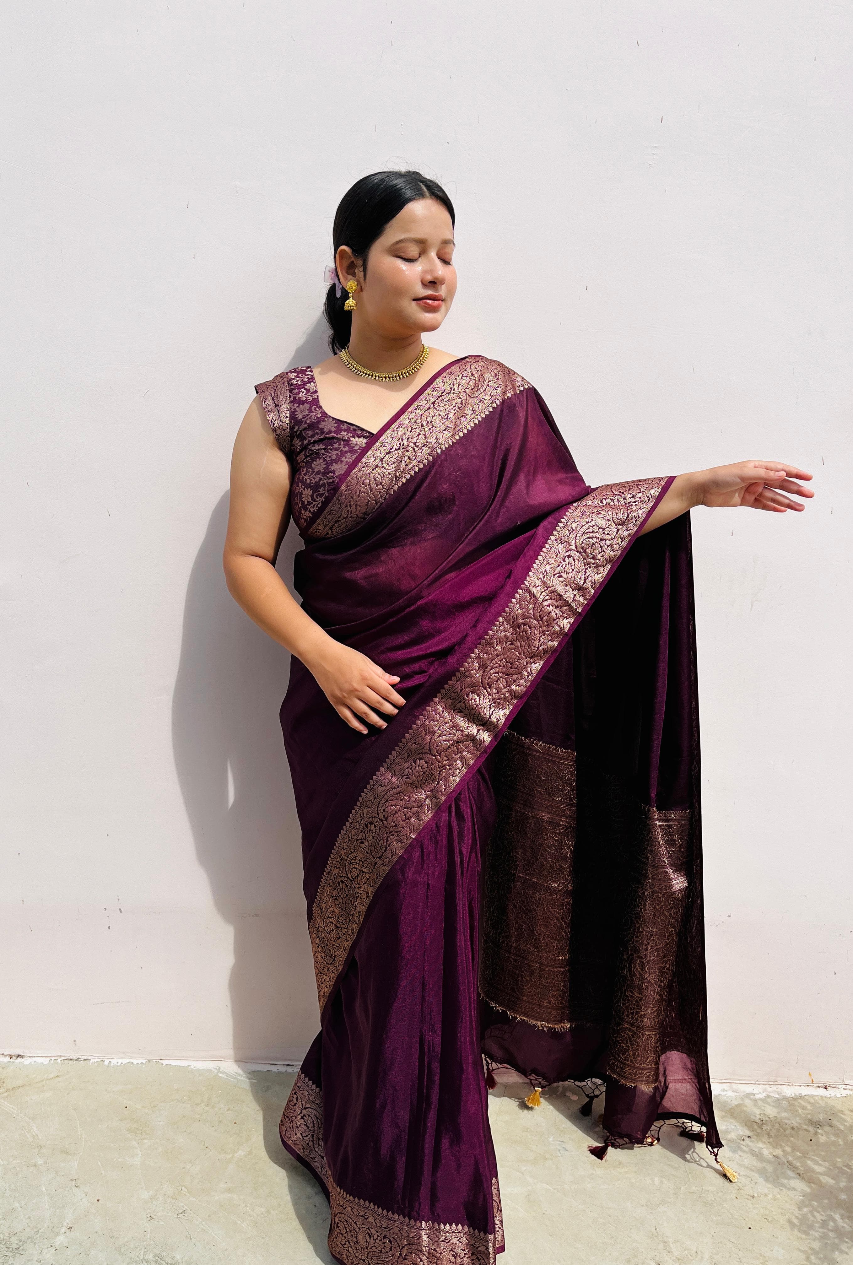 Magenta wine Classic Banarasi Woven Soft Saree with Antique Zari Borders