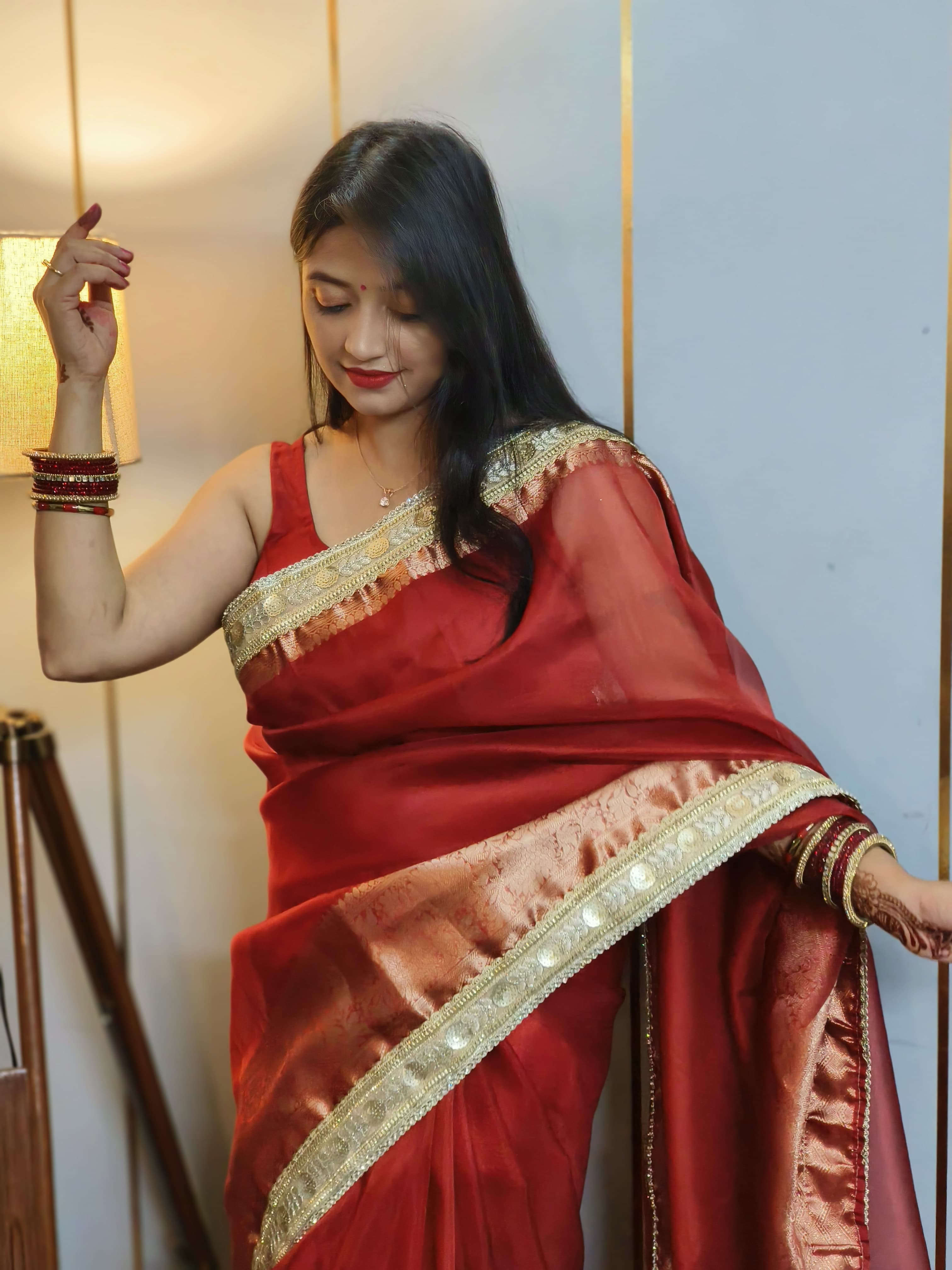Celebrity-Inspired Blood Red Soft Tissue Silk Saree with Handmade Zardozi Work