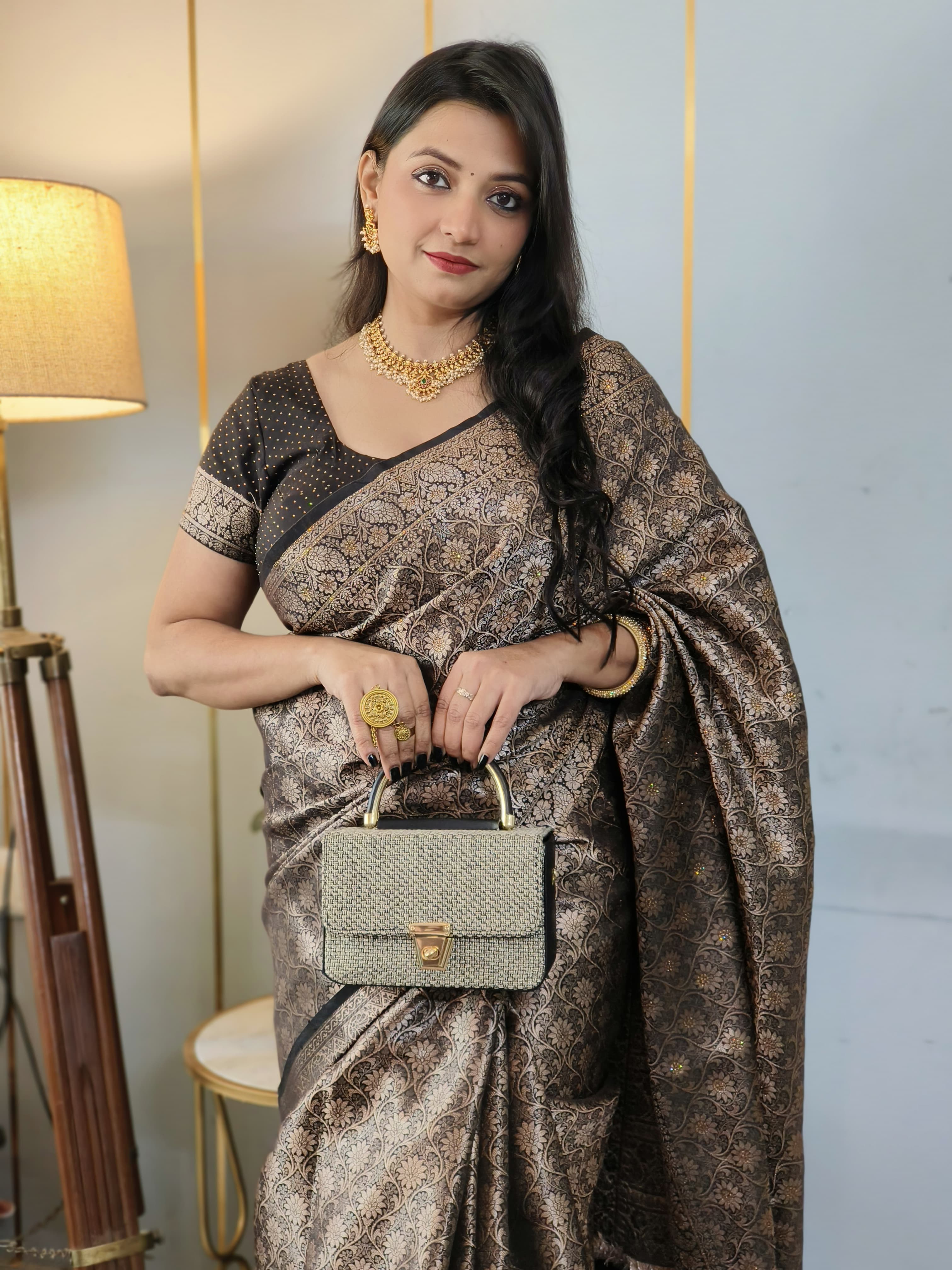 Black Banarasi Soft Silk Saree with Siroski Stone Work Embriodered Blouse & Saree