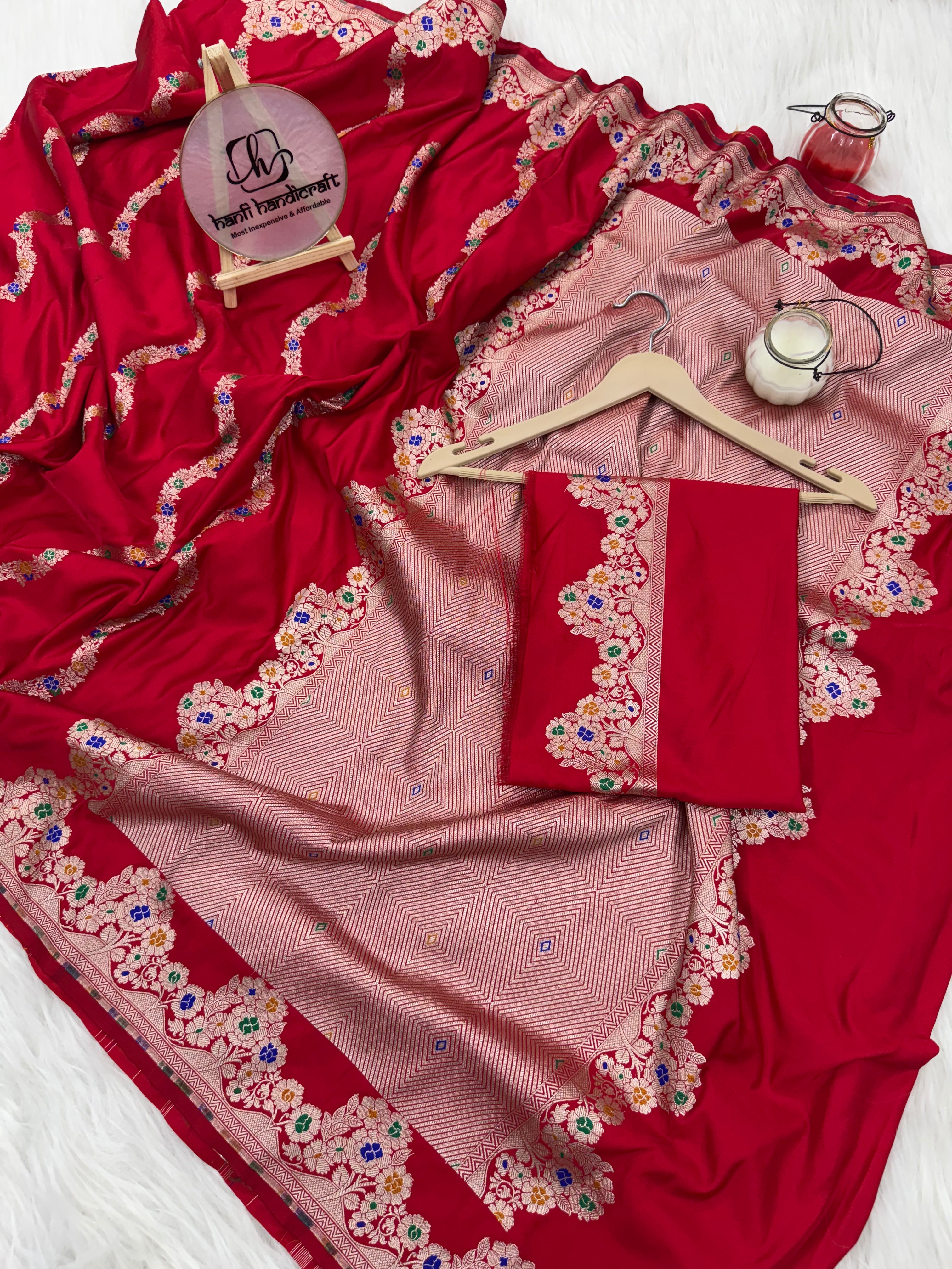 Premium Red Banarasi Alfi Pattern Ultra Soft Mashru Silk Saree