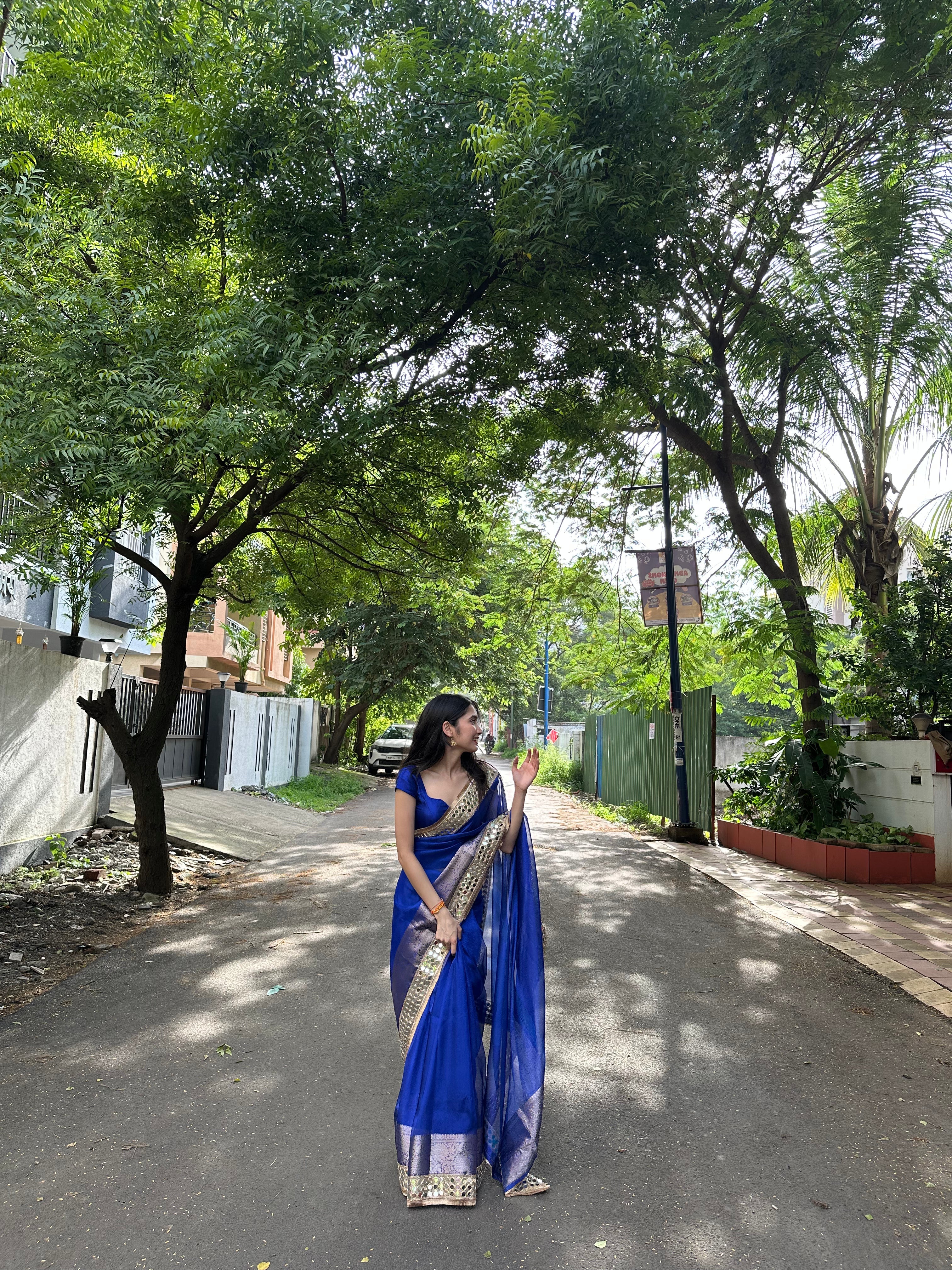 Royal Blue Banarasi Rajkumari Mirror Work Tissue Silk Saree