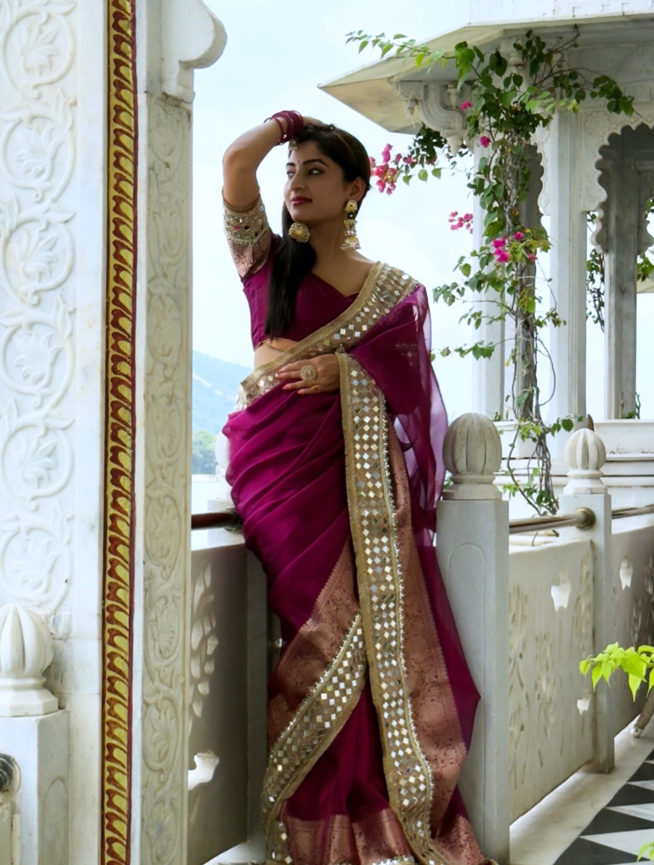 Magenta Pink Banarasi Rajwada Mirror Work Tissue Silk Saree