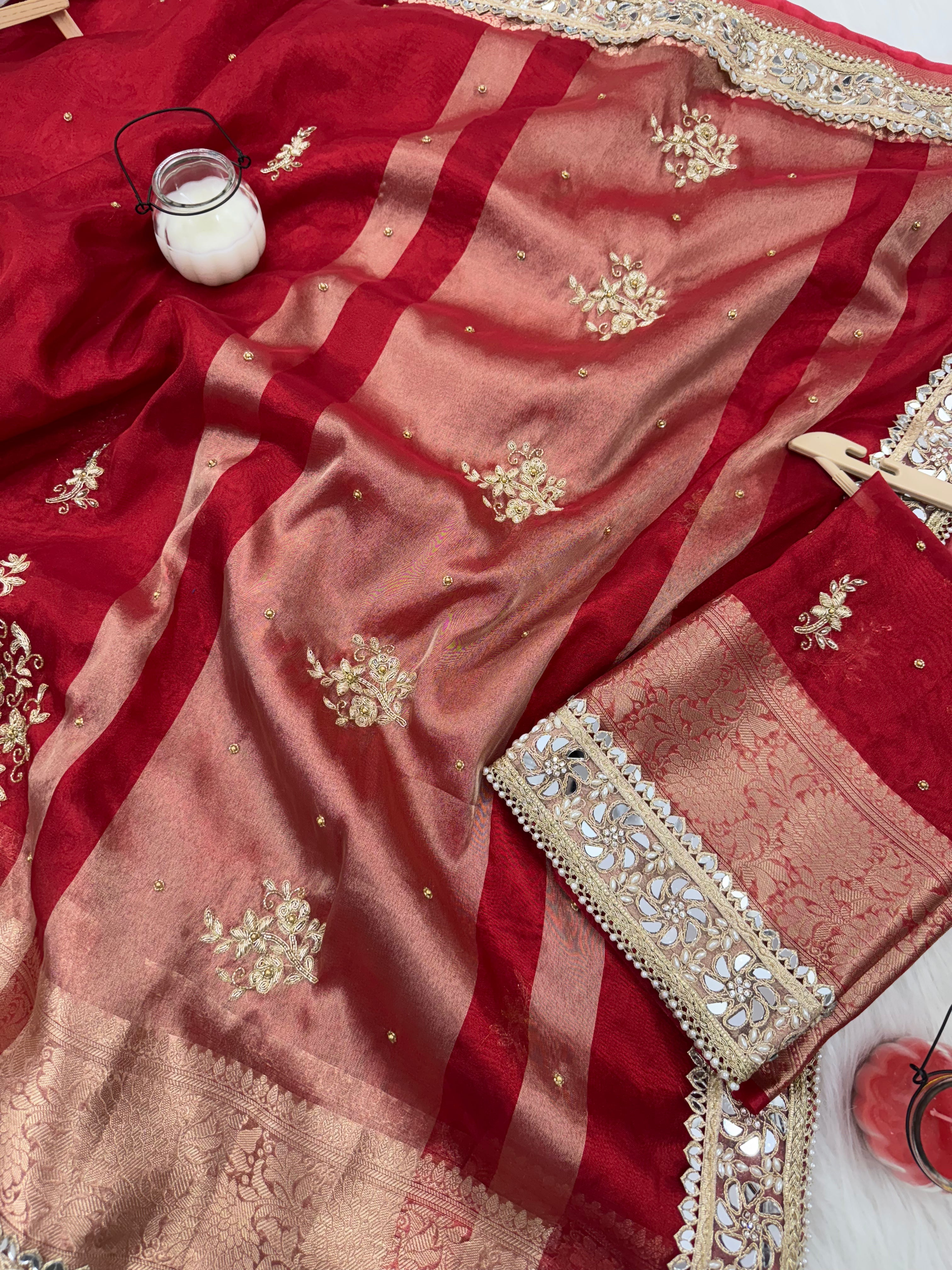Royal Red Zardozi Handwork Banarasi Saree with Ritual Motifs and Mirrorwork