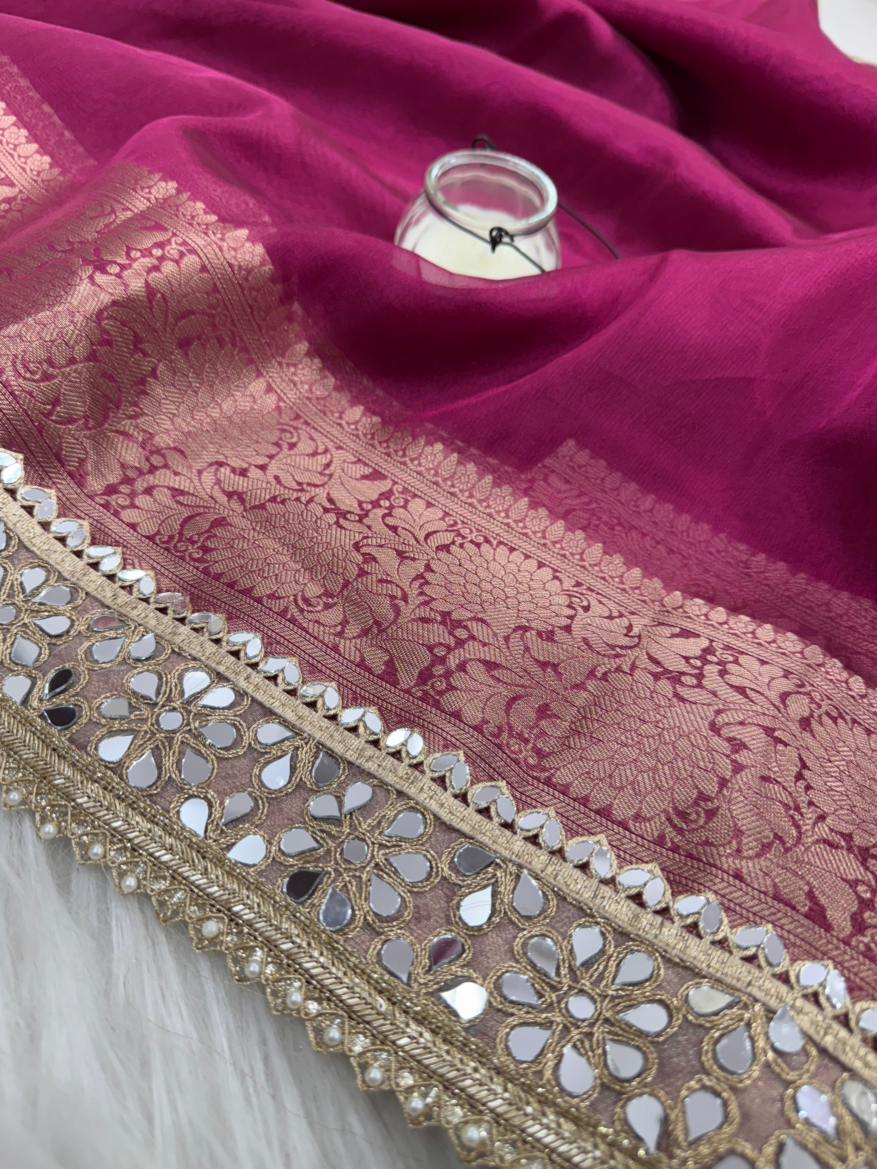 Magenta Pink Banarasi Rajkumari Mirror Work Tissue Silk Saree