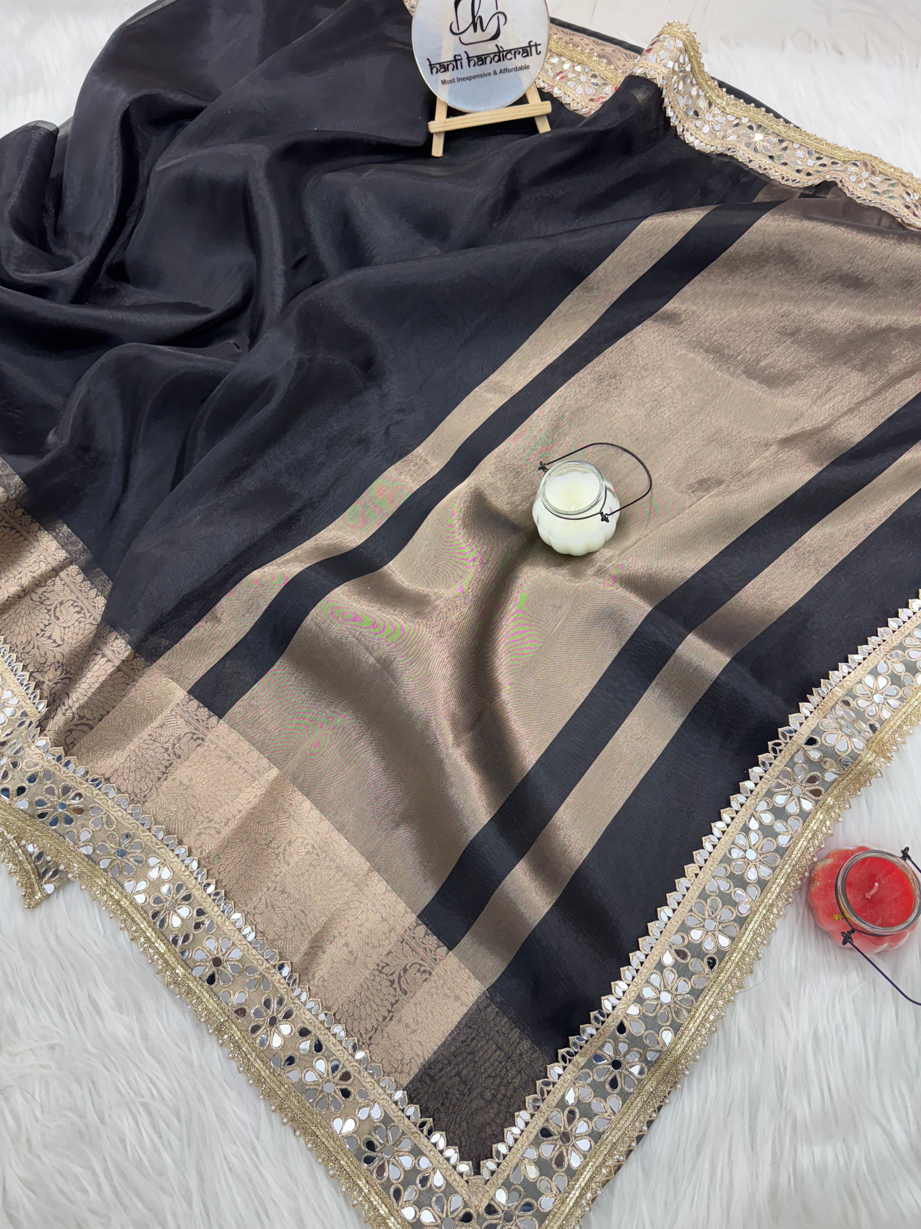 Pearl Black Banarasi Rajkumari Mirror Work Tissue Silk Saree