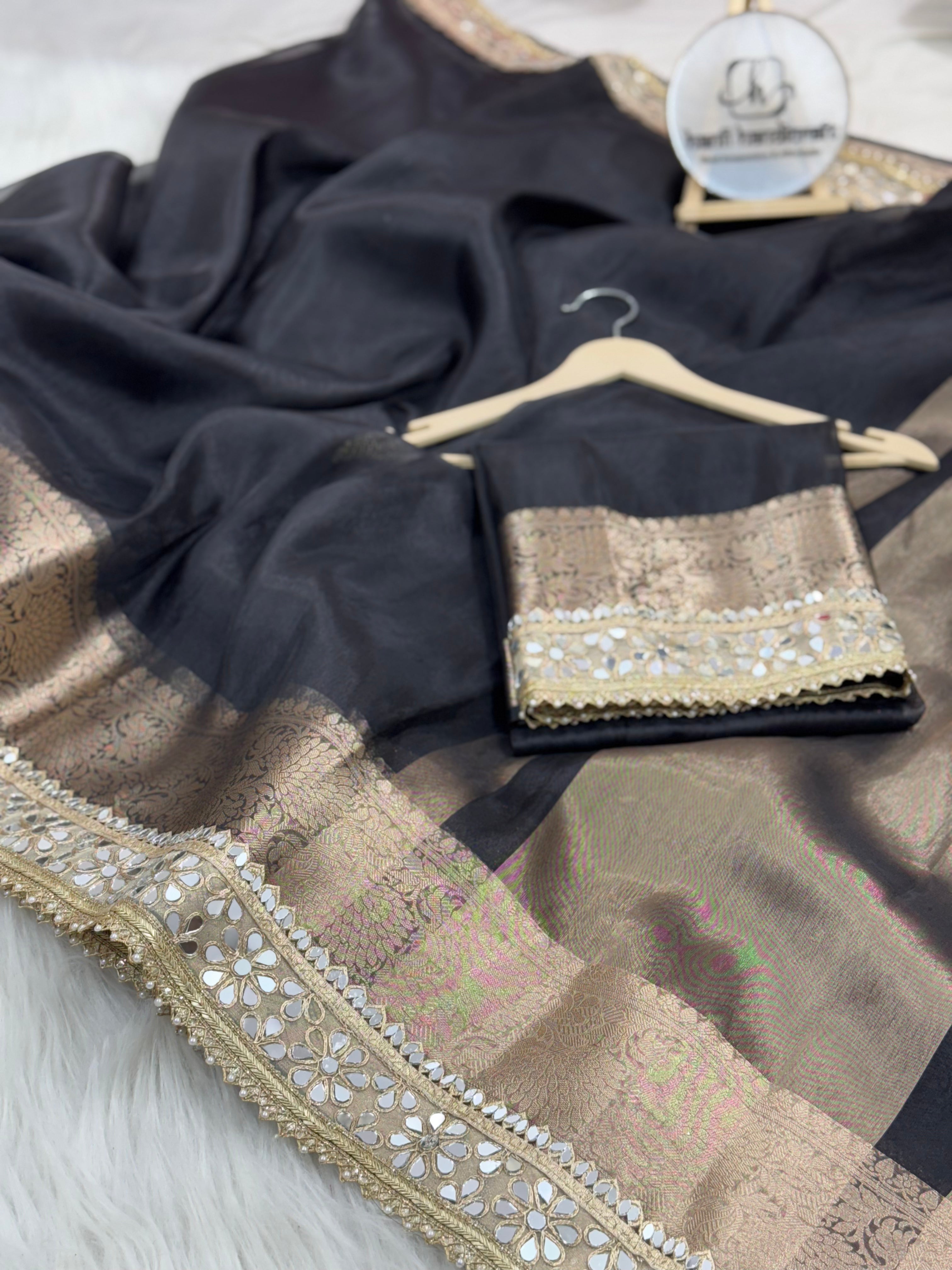 Pearl Black Banarasi Rajkumari Mirror Work Tissue Silk Saree