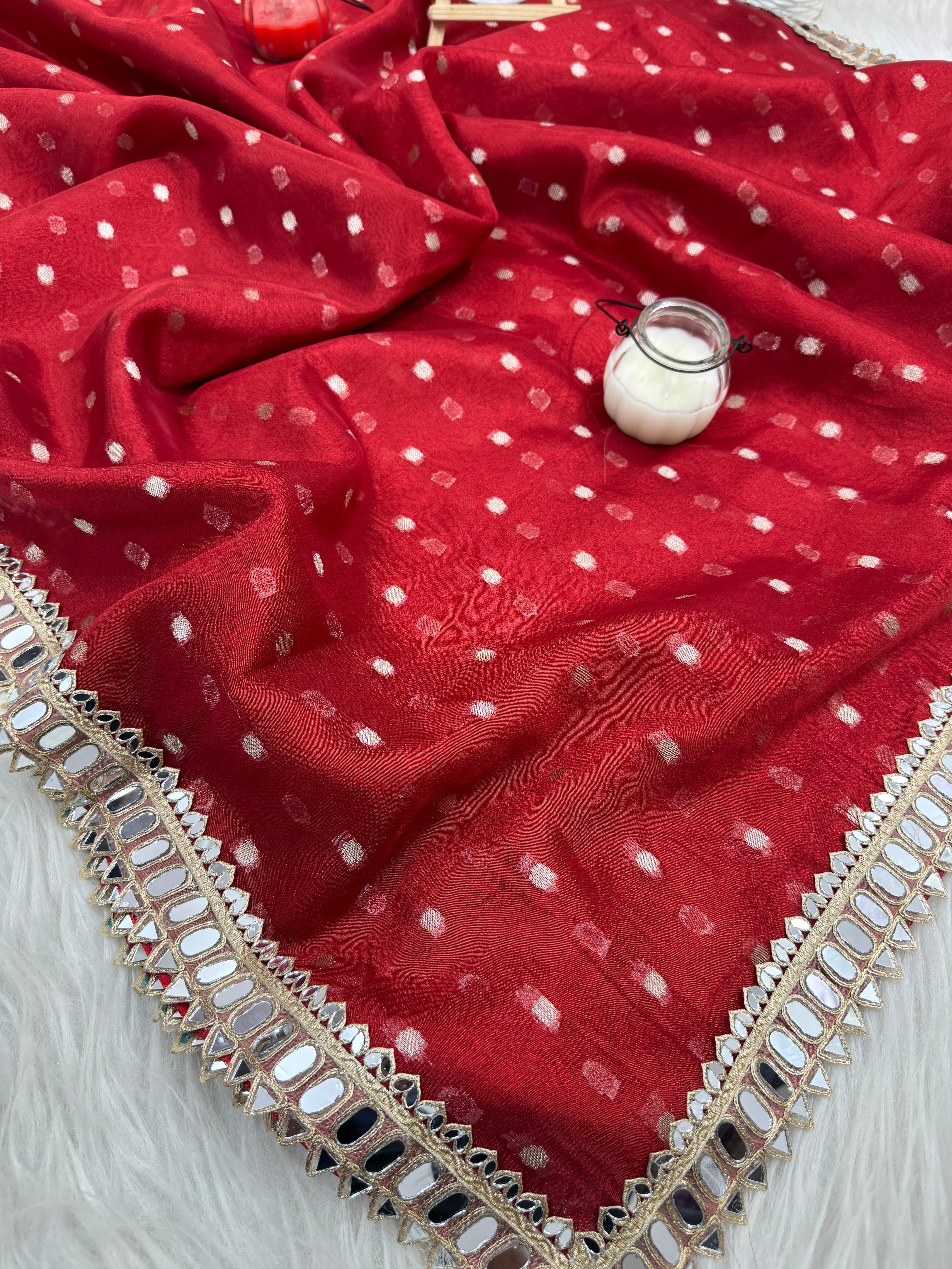 Varnika Red Banarasi Sundari Mirror Work Tissue Silk Saree