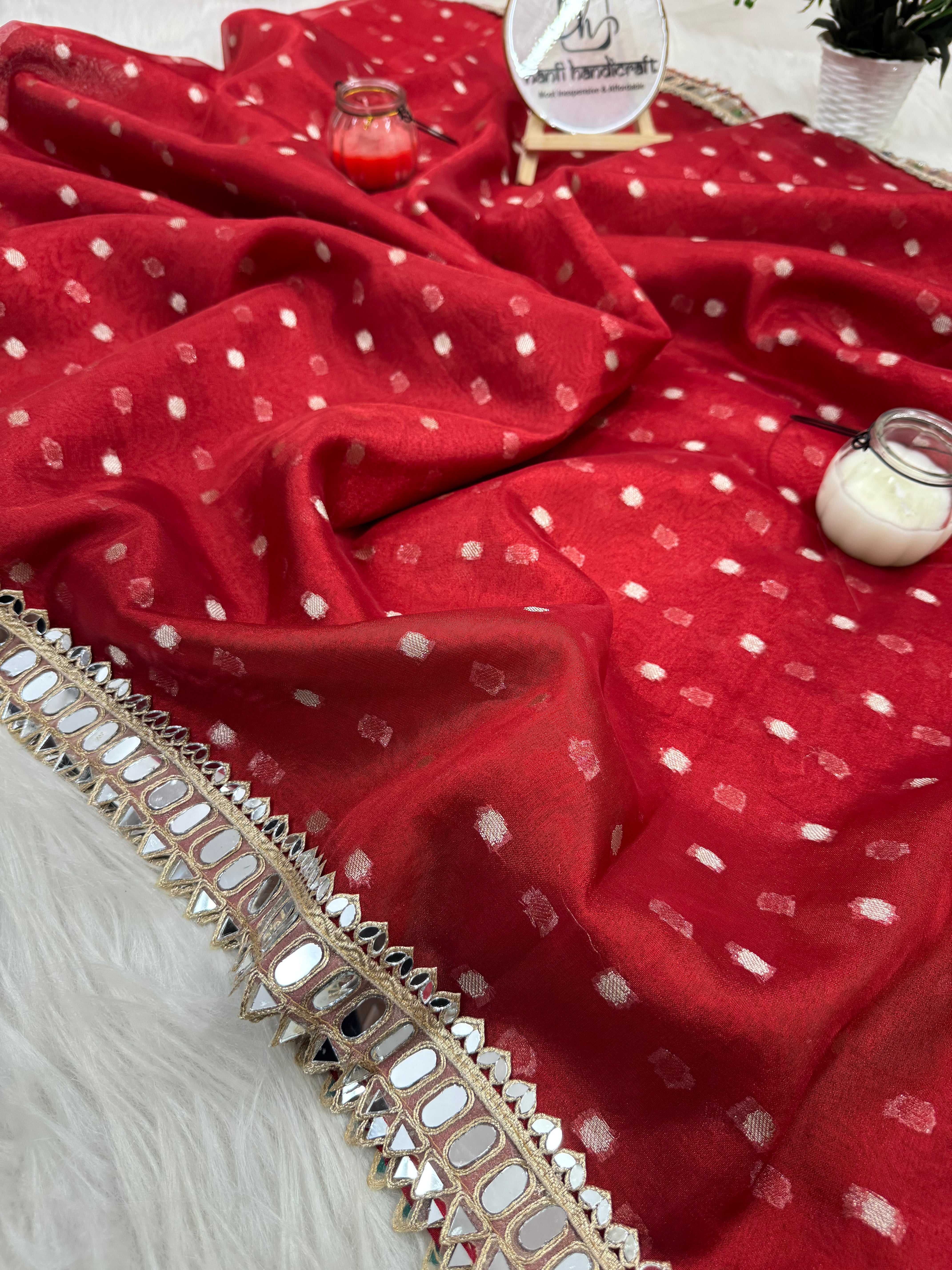 Varnika Red Banarasi Sundari Mirror Work Tissue Silk Saree