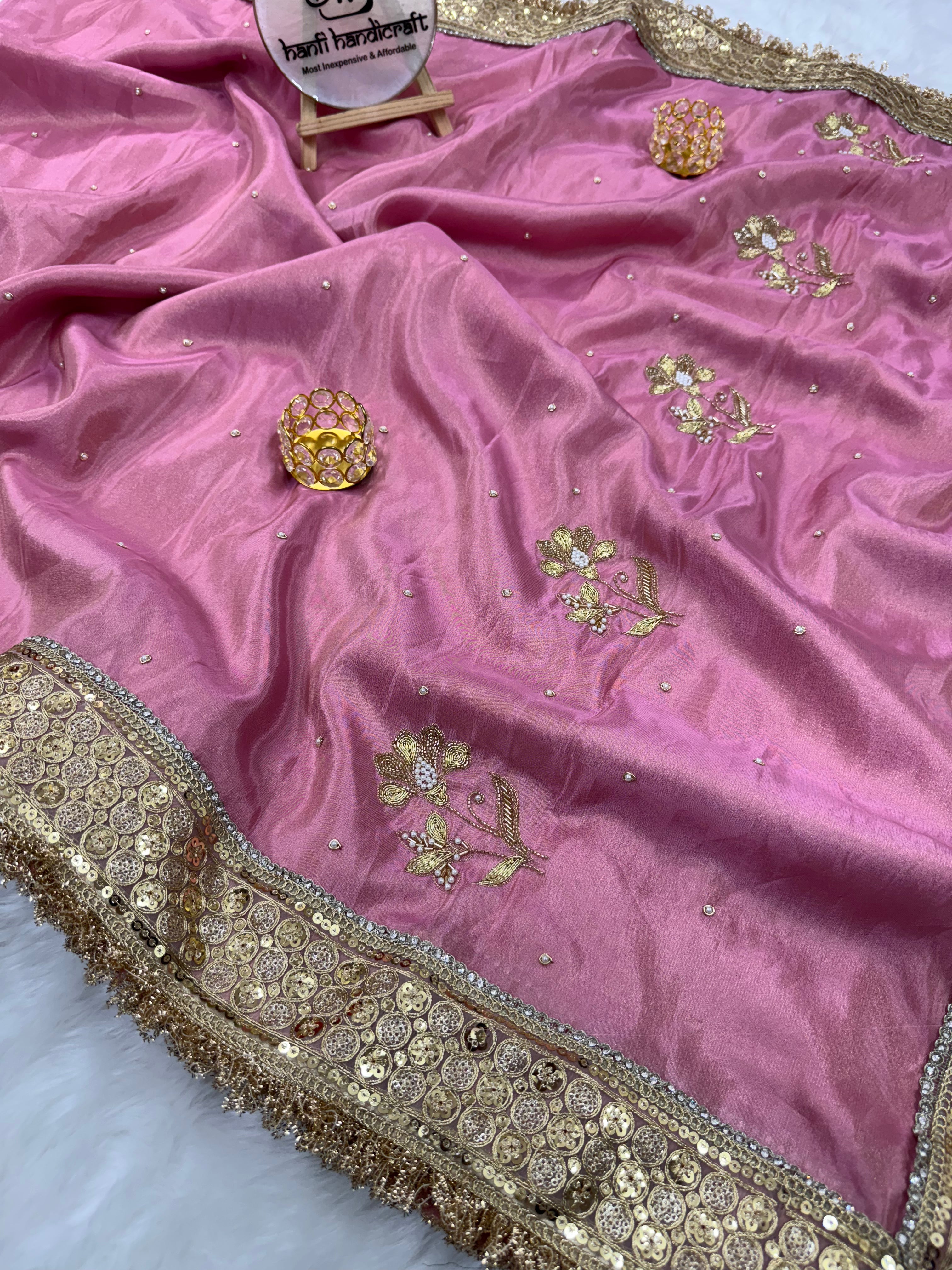 Rang-e-Mehar Rose Pink Handcrafted Zardozi Soft Tissue Silk Saree