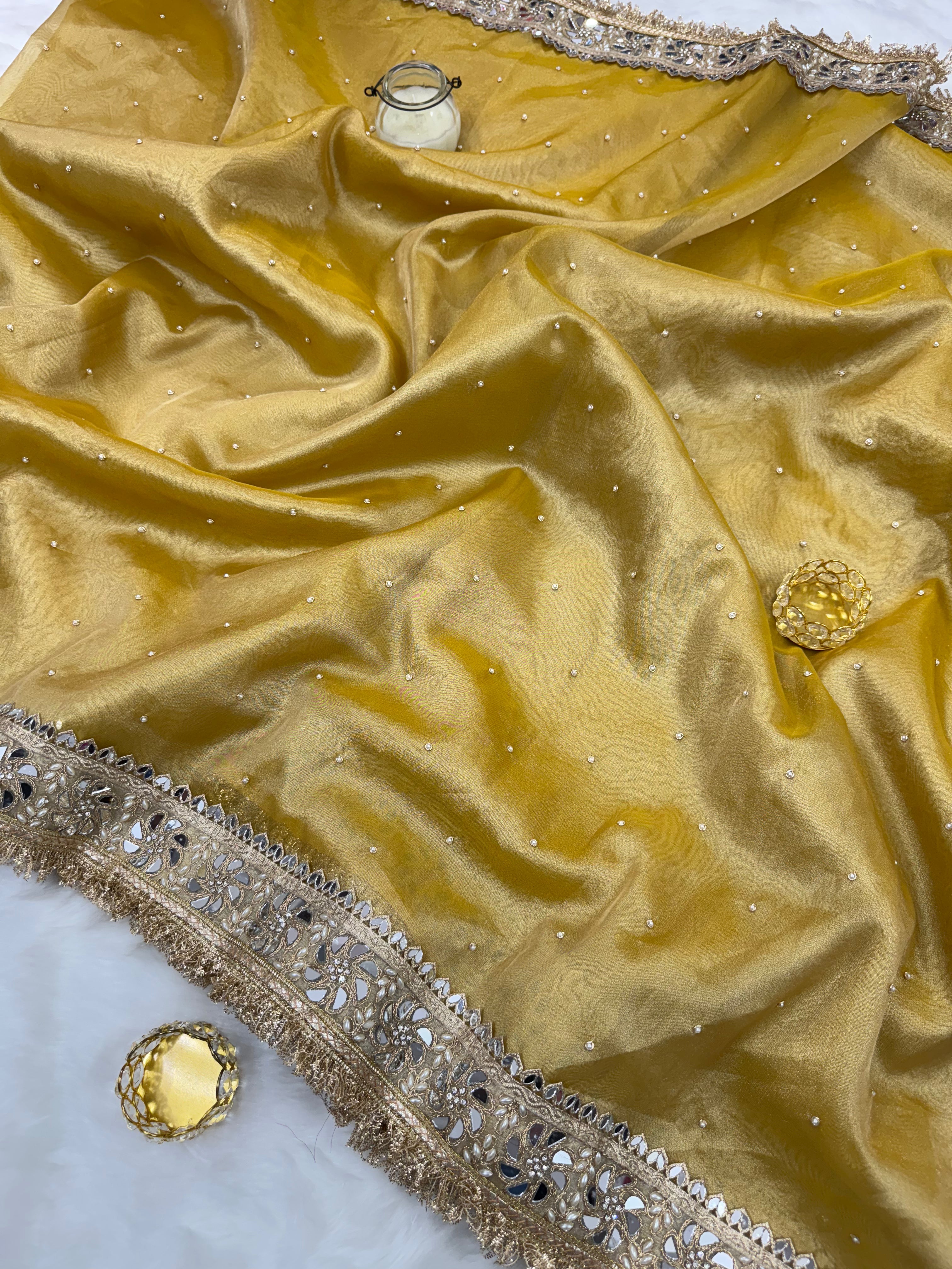 Noor-e-Zar Muted Gold Pearl Motif Handwork Saree with Mirror work Borders