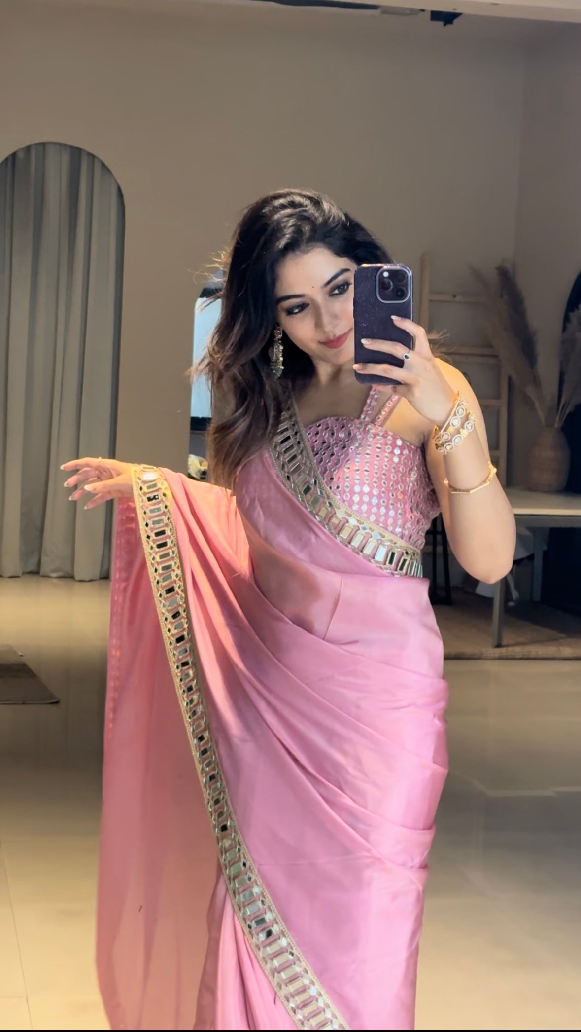 Rose Pink Designer Mirror Work Pure Tissue Silk Saree | Special Edition