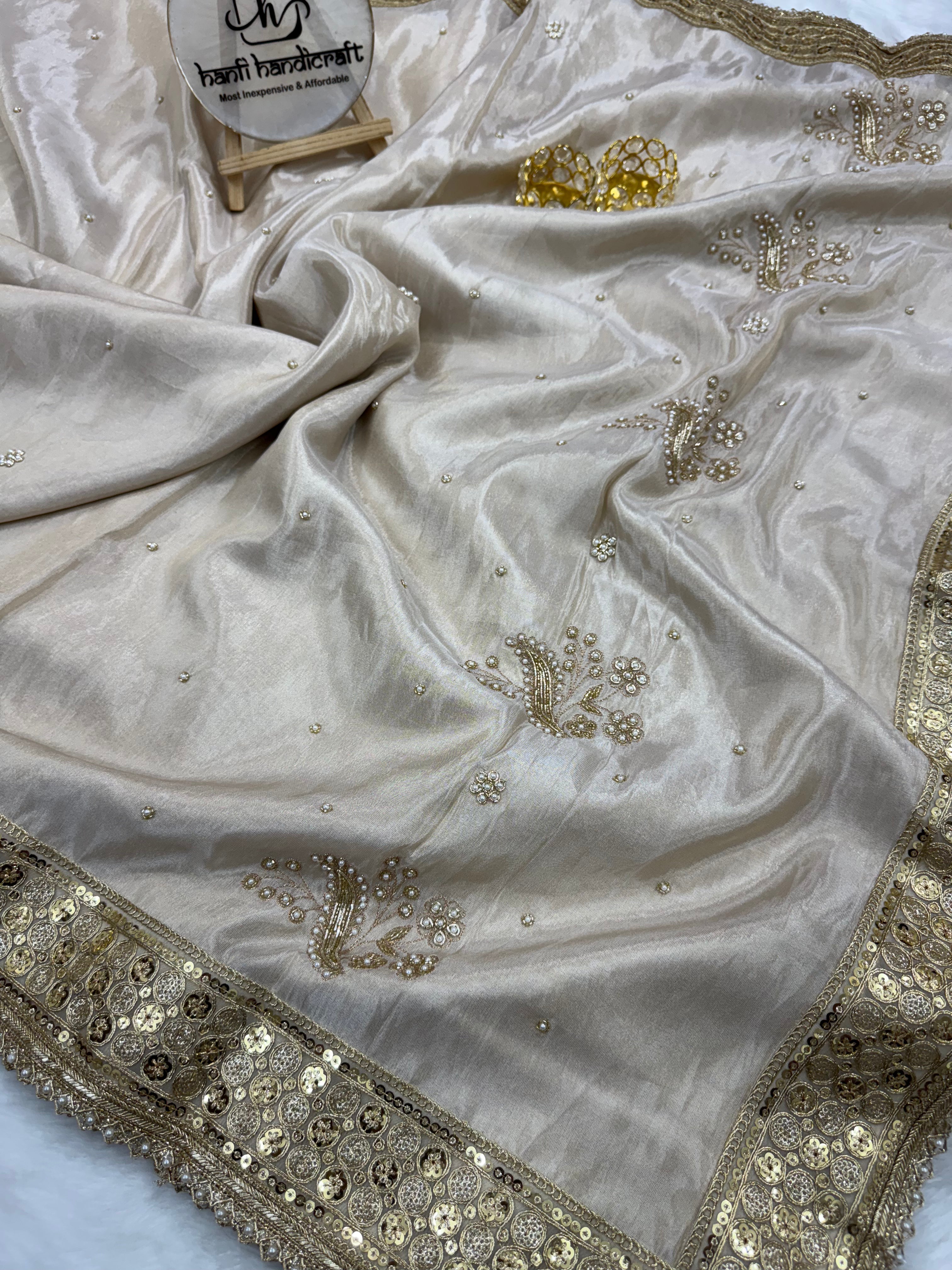 Rang-e-Mehar Pearl White Handcrafted Zardozi Soft Tissue Silk Saree