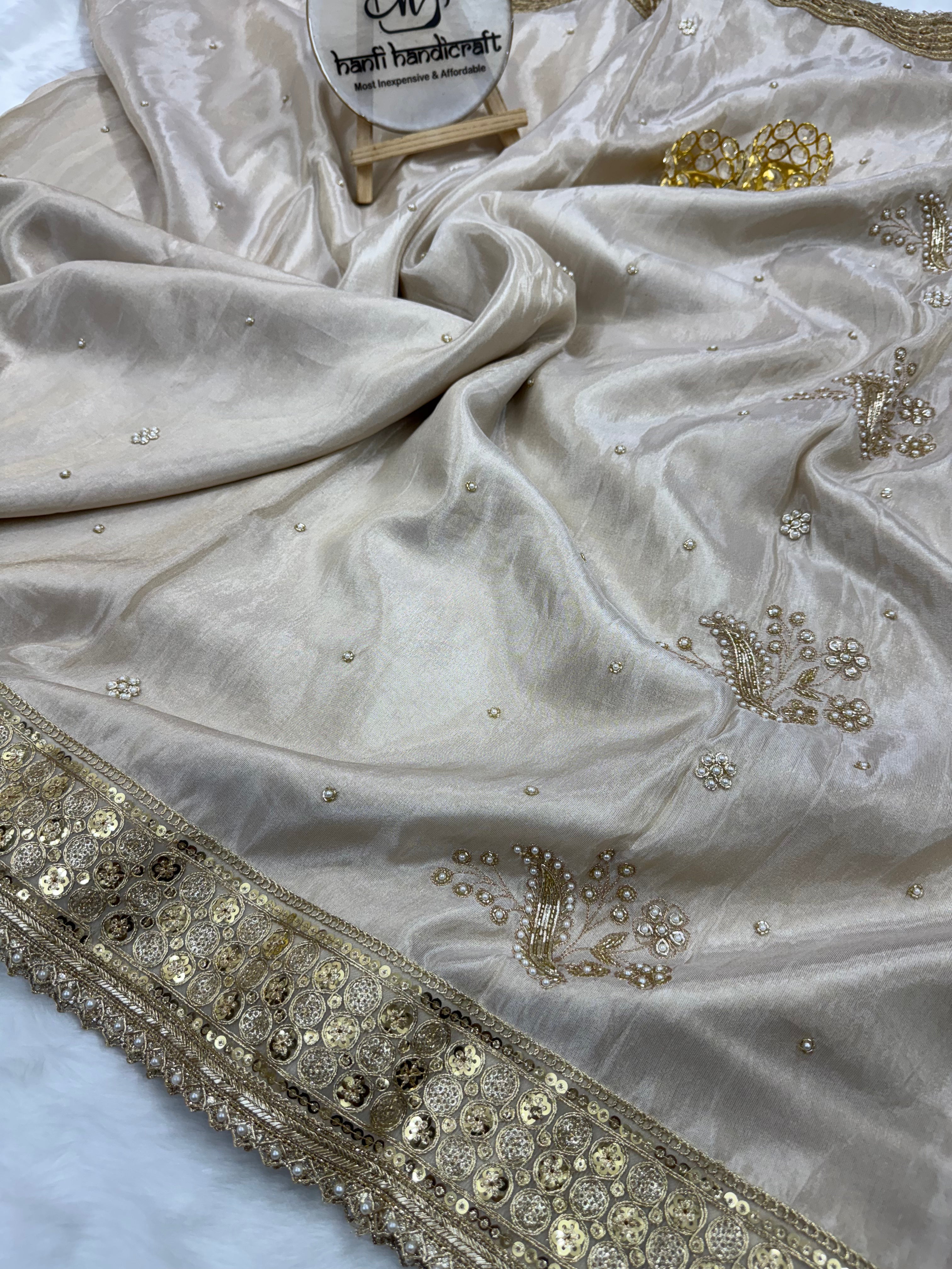 Rang-e-Mehar Pearl White Handcrafted Zardozi Soft Tissue Silk Saree