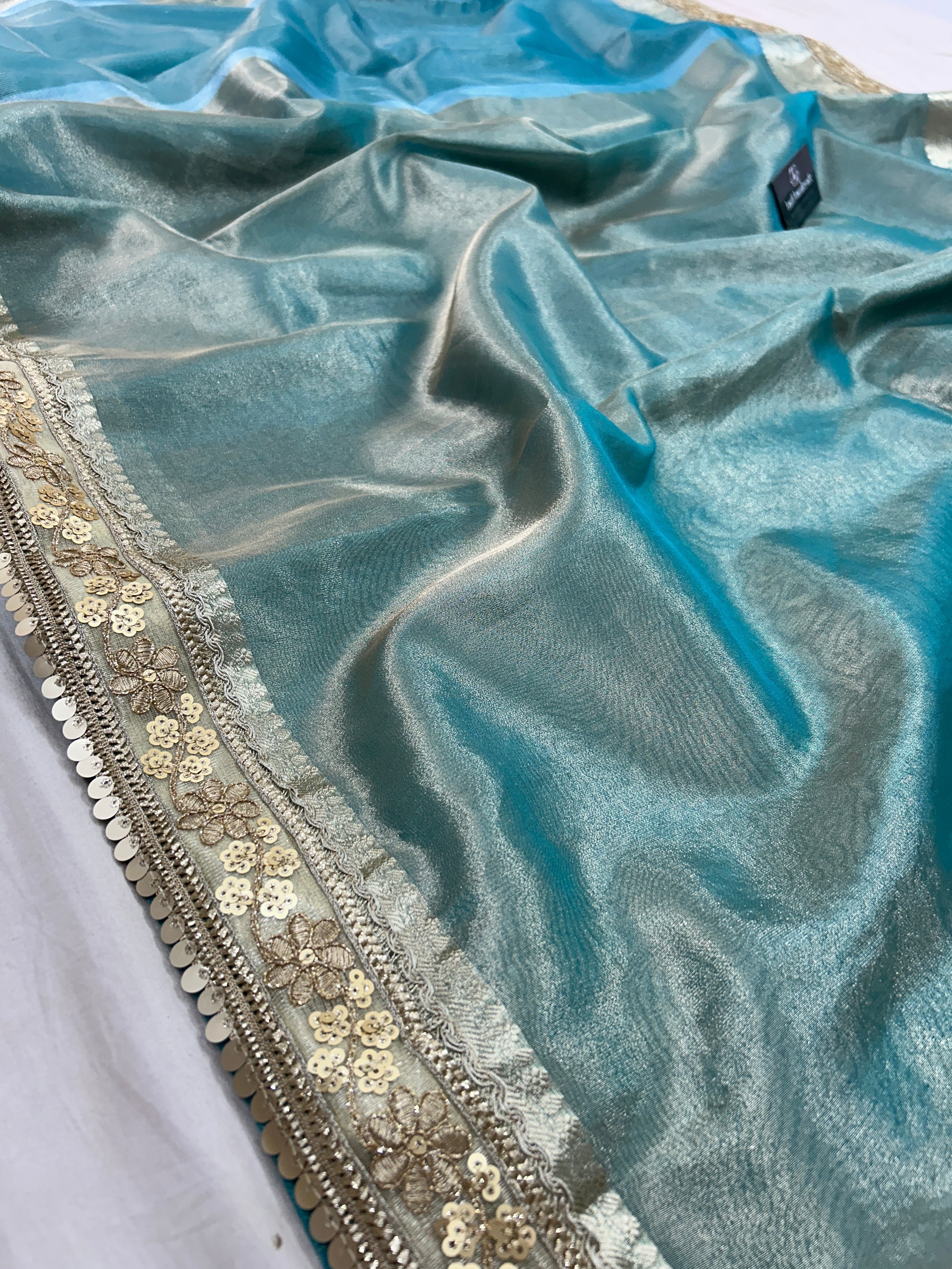 Janhvi Kapoor Inspired Aqua Blue Soft Tissue Silk Saree with Handmade Cutwork Laces