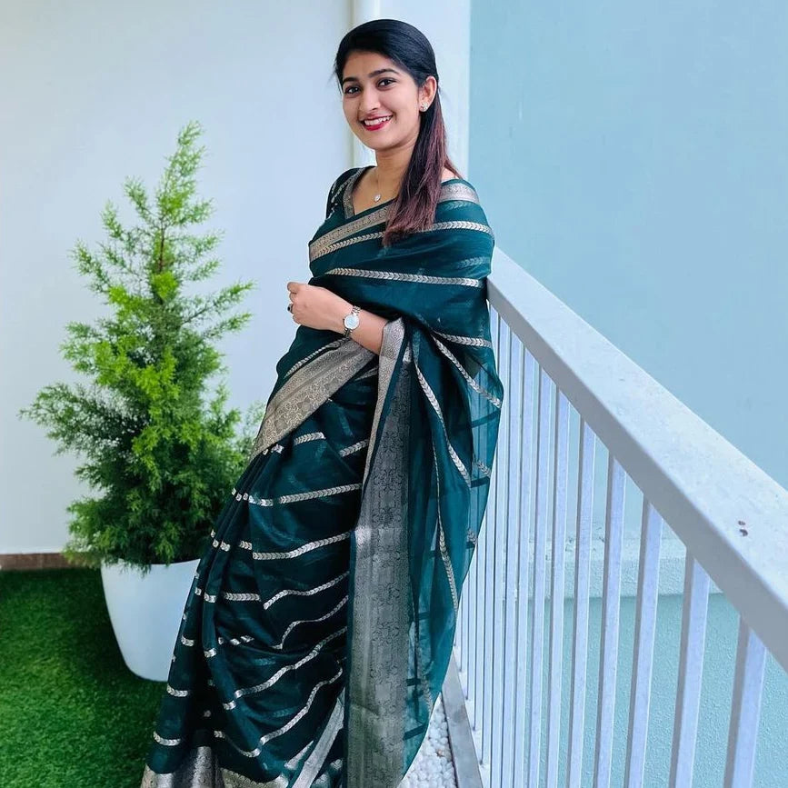 Banarasi Woven Soft Organza Stripe Pattern Saree Bottle Green | For Every Occasion & Festivals