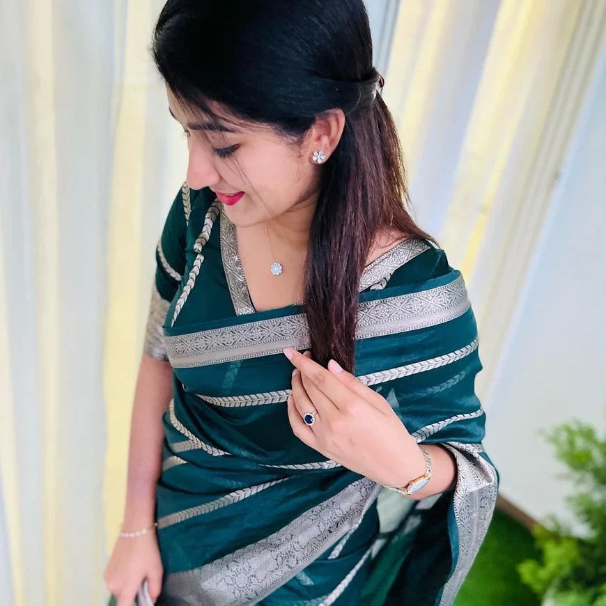Banarasi Woven Soft Organza Stripe Pattern Saree Bottle Green | For Every Occasion & Festivals