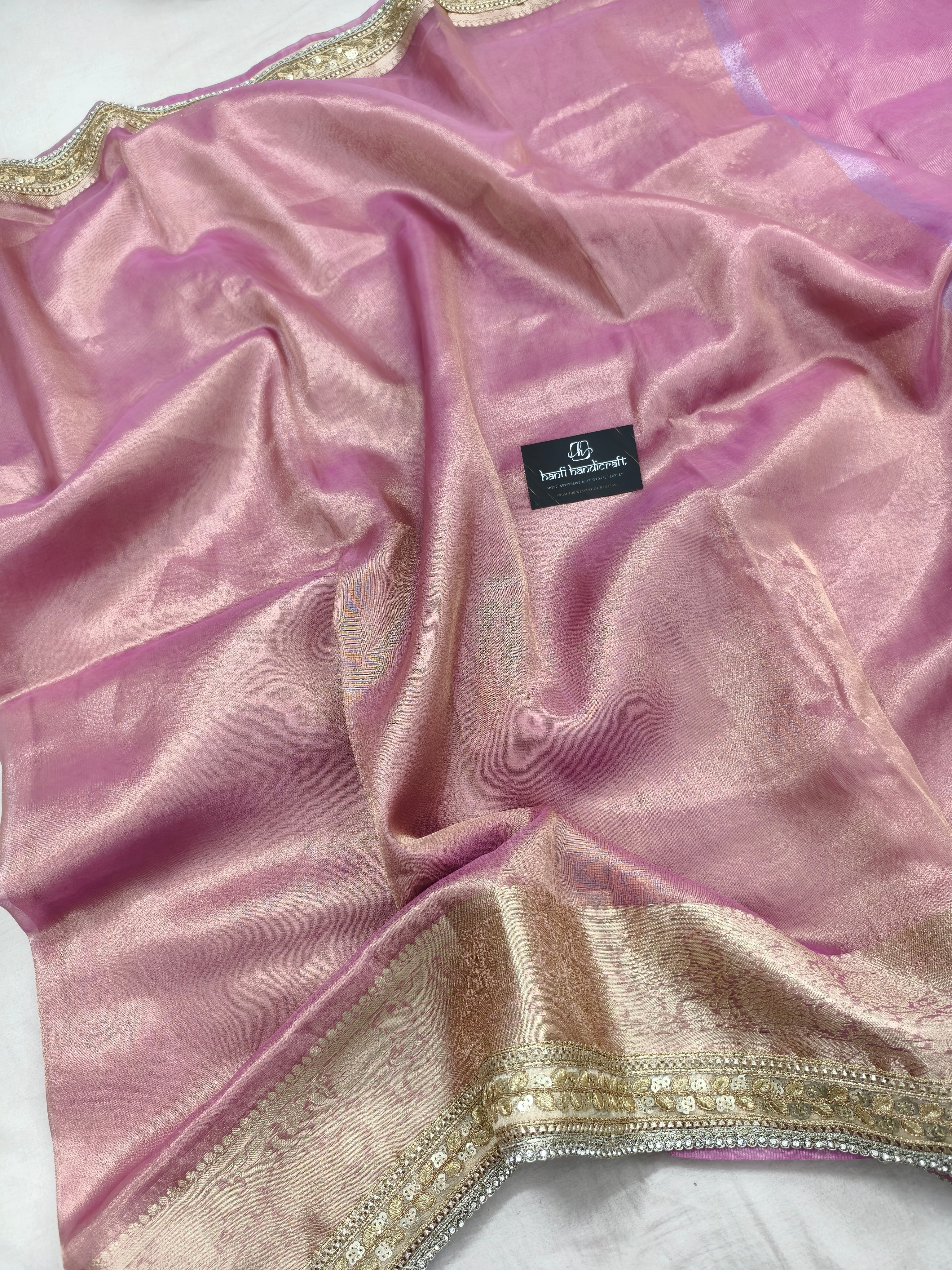 Janhvi Kapoor Inspired Baby Pink Soft Tissue Silk Saree with Handmade Cutwork Laces
