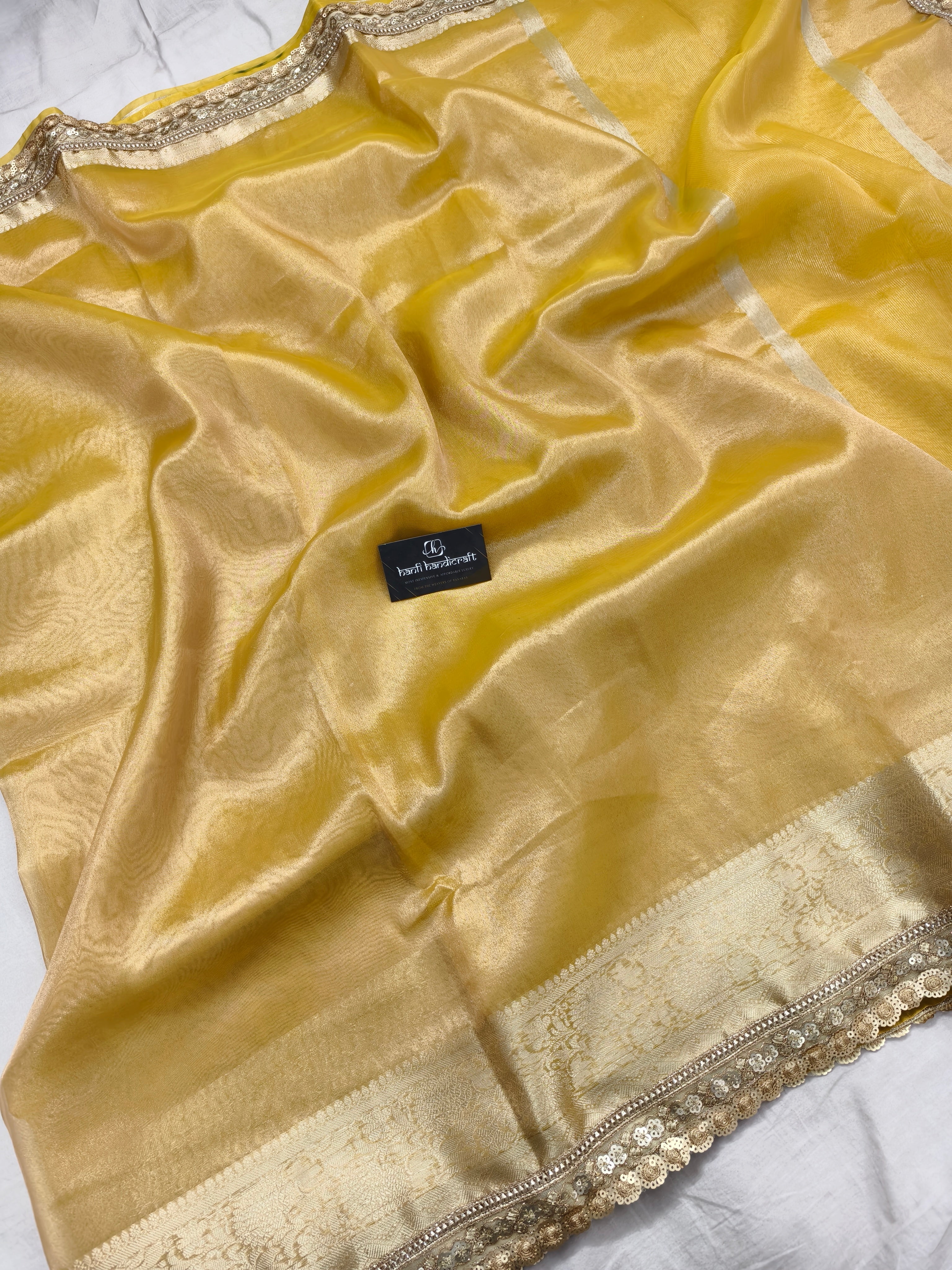 Janhvi Kapoor Inspired Gold Zari Soft Tissue Silk Saree with Handmade Cutwork Laces
