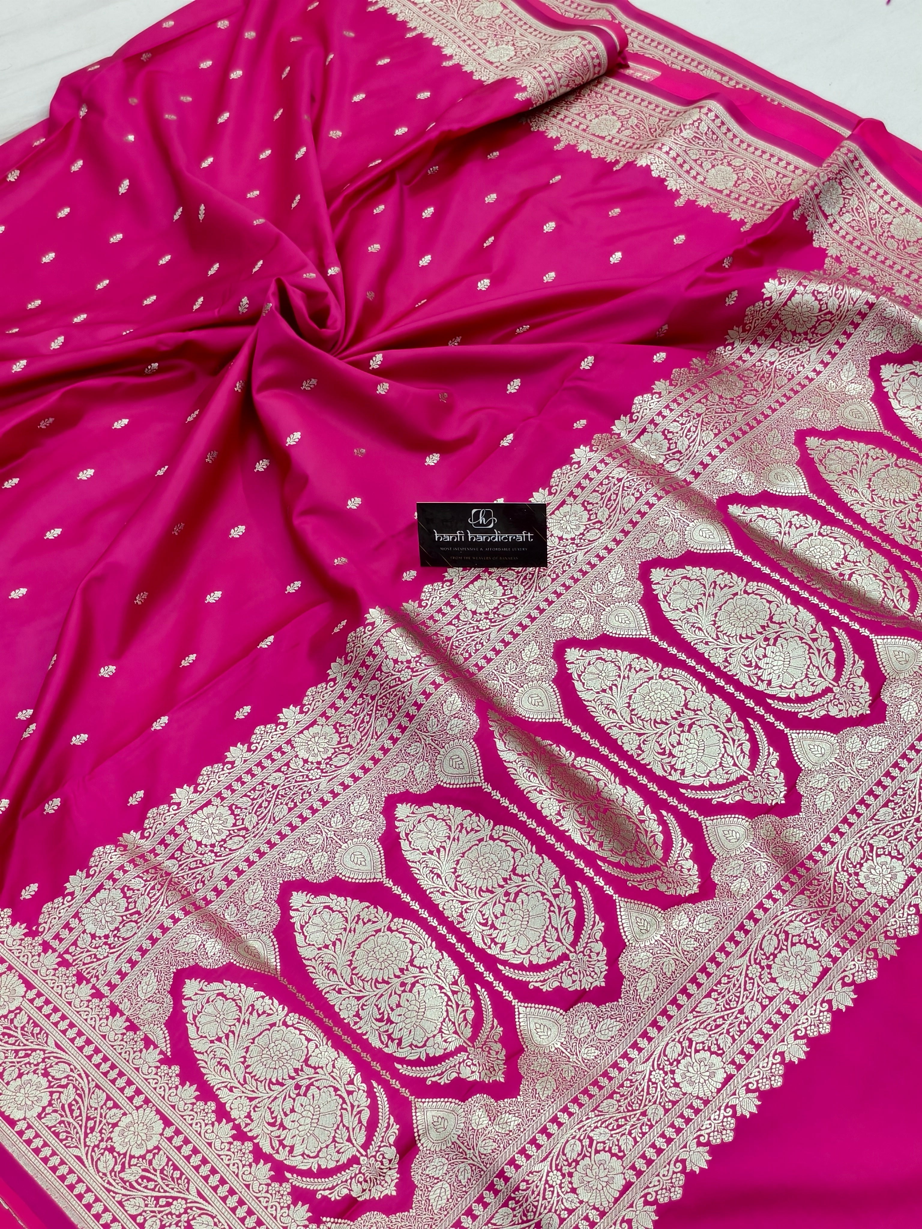 Rani pink Aesthetic Banarasi Mashru Silk Soft Saree | Chunri Buti Saree