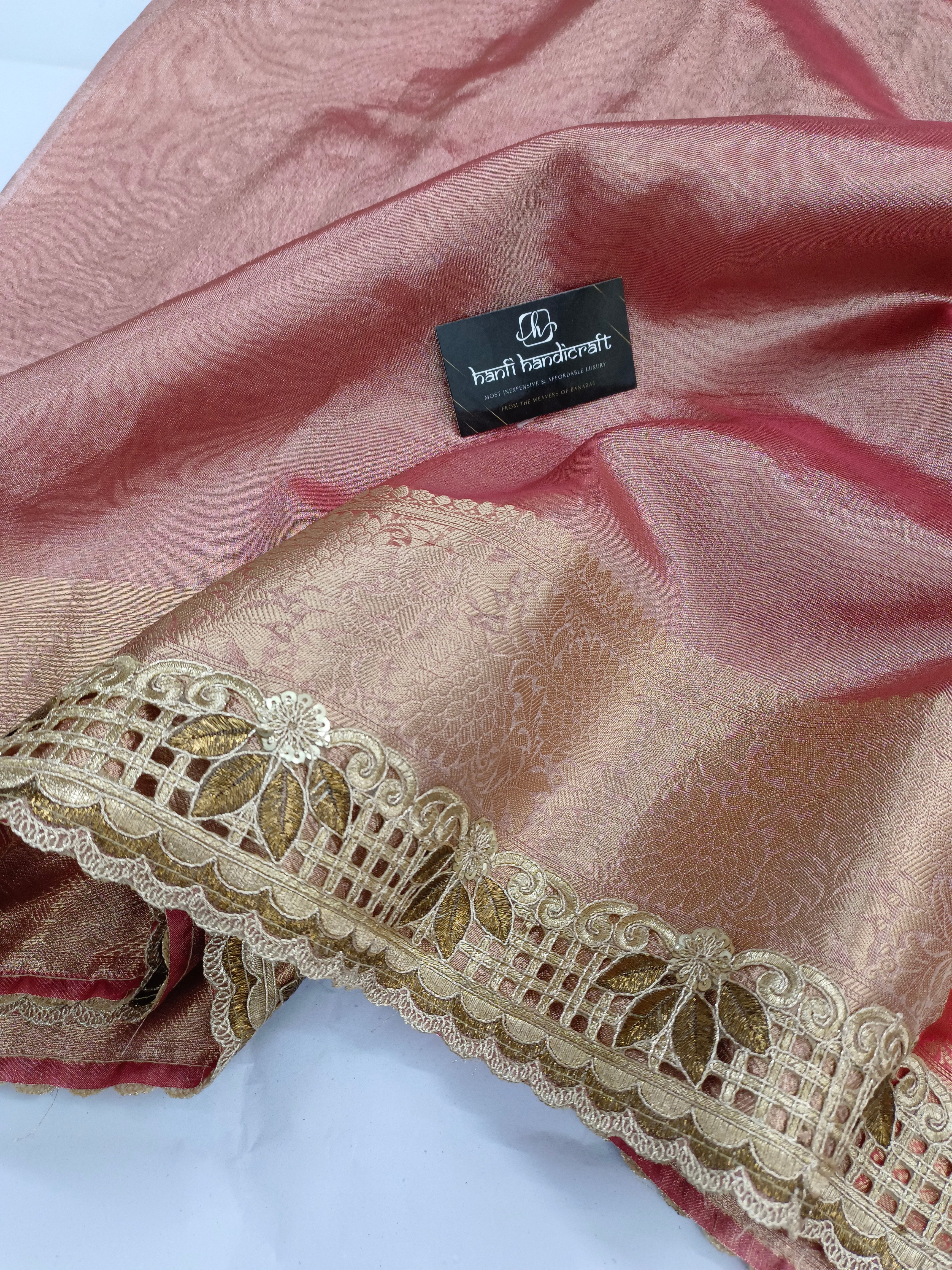Shanaya Kapoor Inspired Strawberry Pink Soft Tissue Silk Saree with Zardozi Handwork Borders