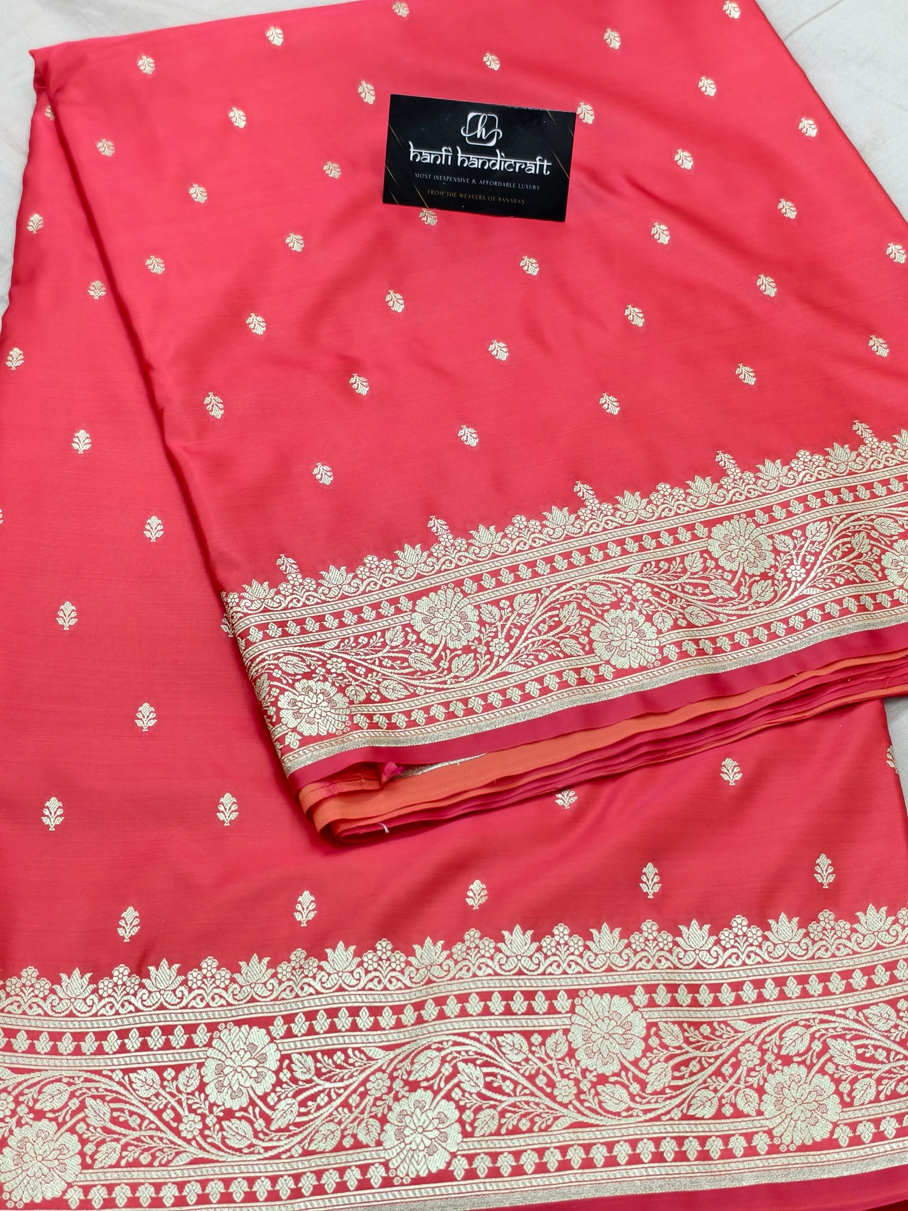 Strawberry Pink Aesthetic Banarasi Mashru silk soft saree| Chunri Buti Saree