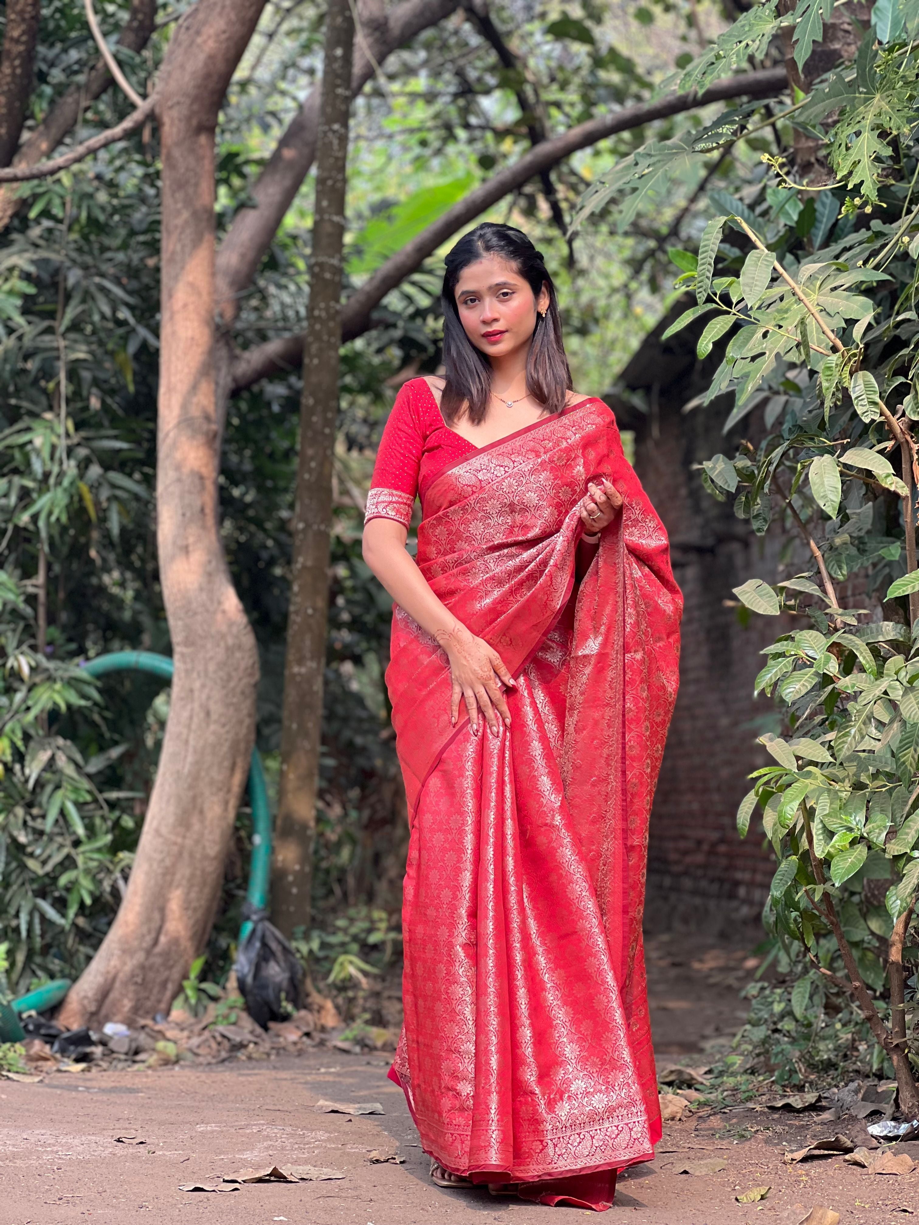 Crimson Red Banarasi Soft Silk Saree with Siroski Stone Work Embroidered Blouse & Saree