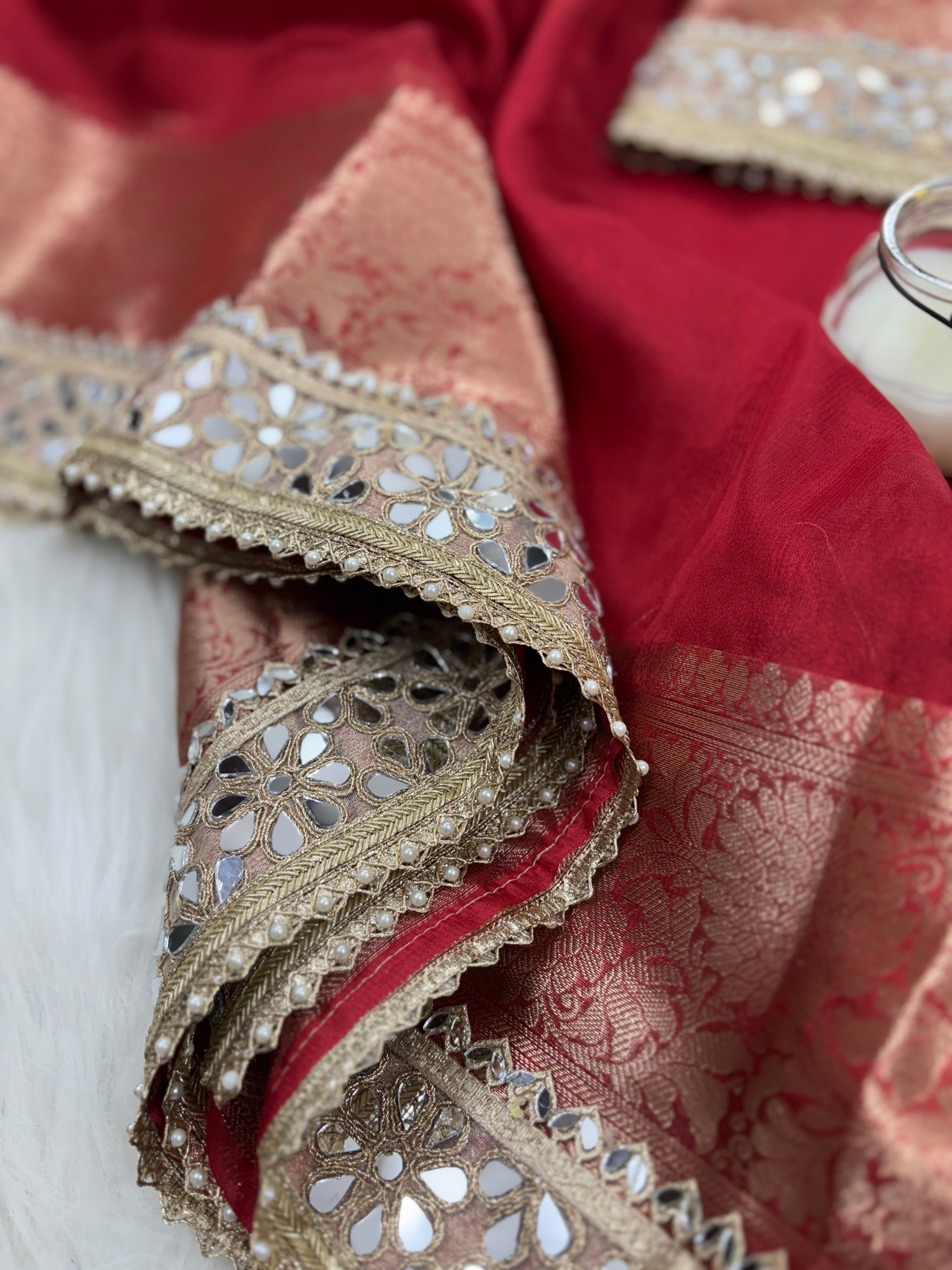 Bold Red Banarasi Rajkumari Mirror Work Tissue Silk Saree