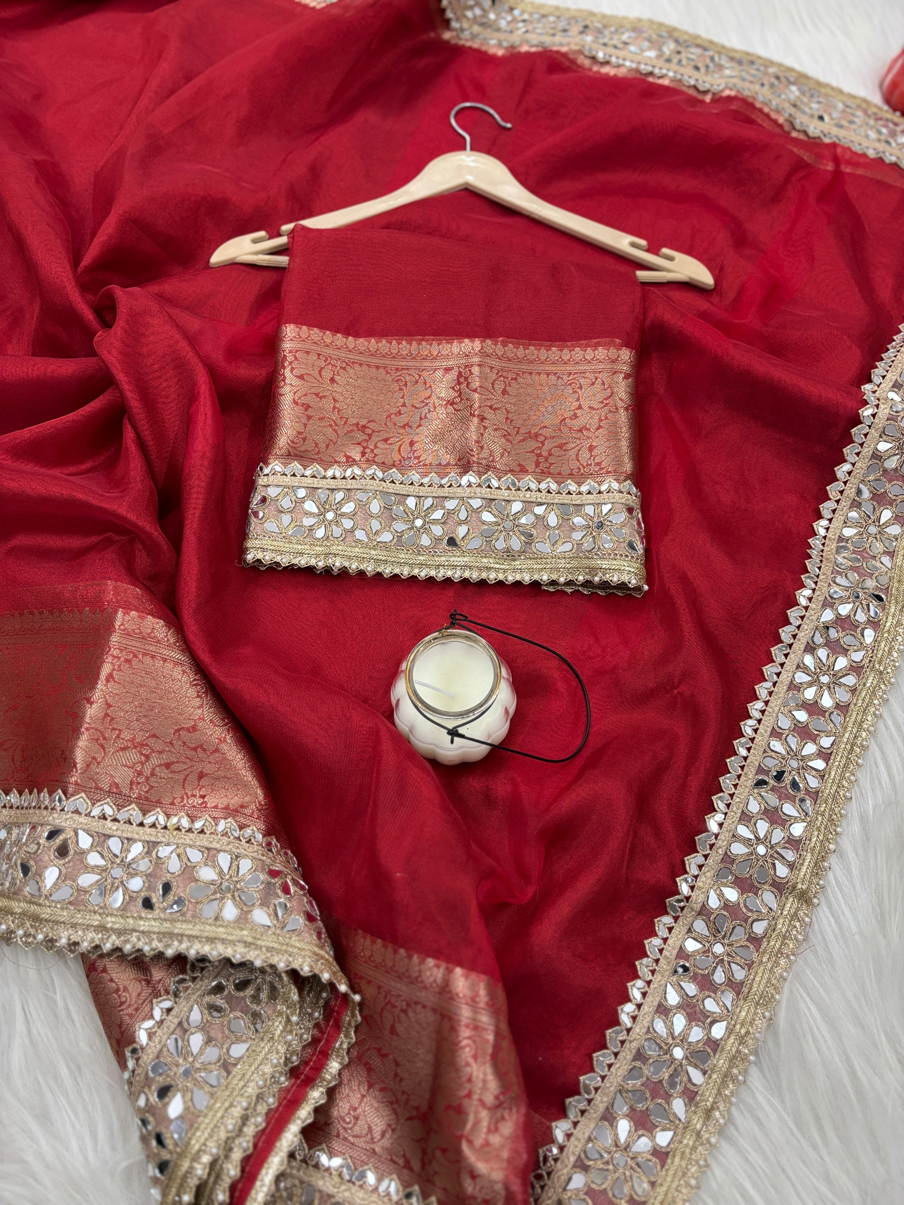 Bold Red Banarasi Rajkumari Mirror Work Tissue Silk Saree