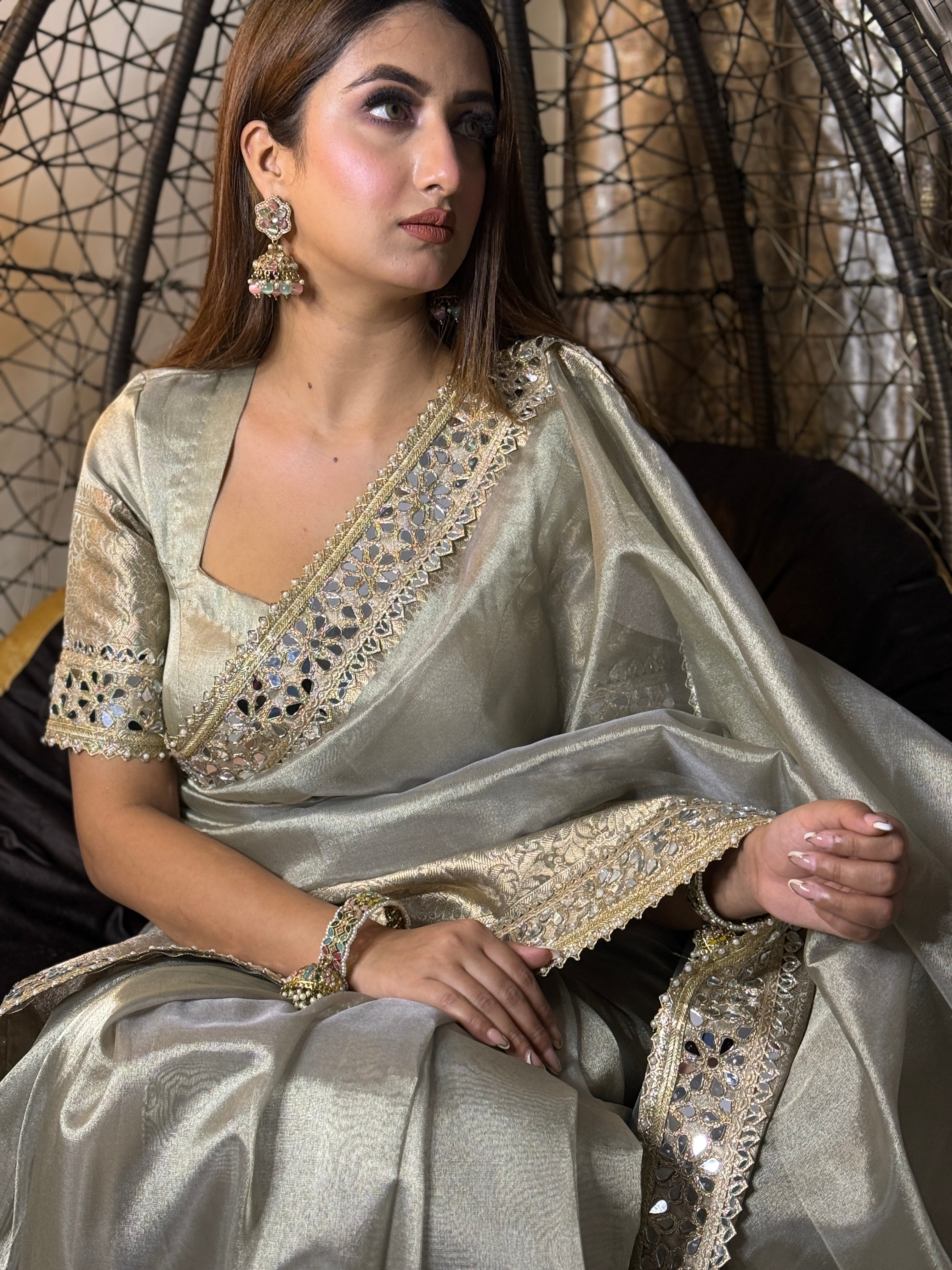Moonlit Grey Banarasi Rajkumari Mirror Work Tissue Silk Saree