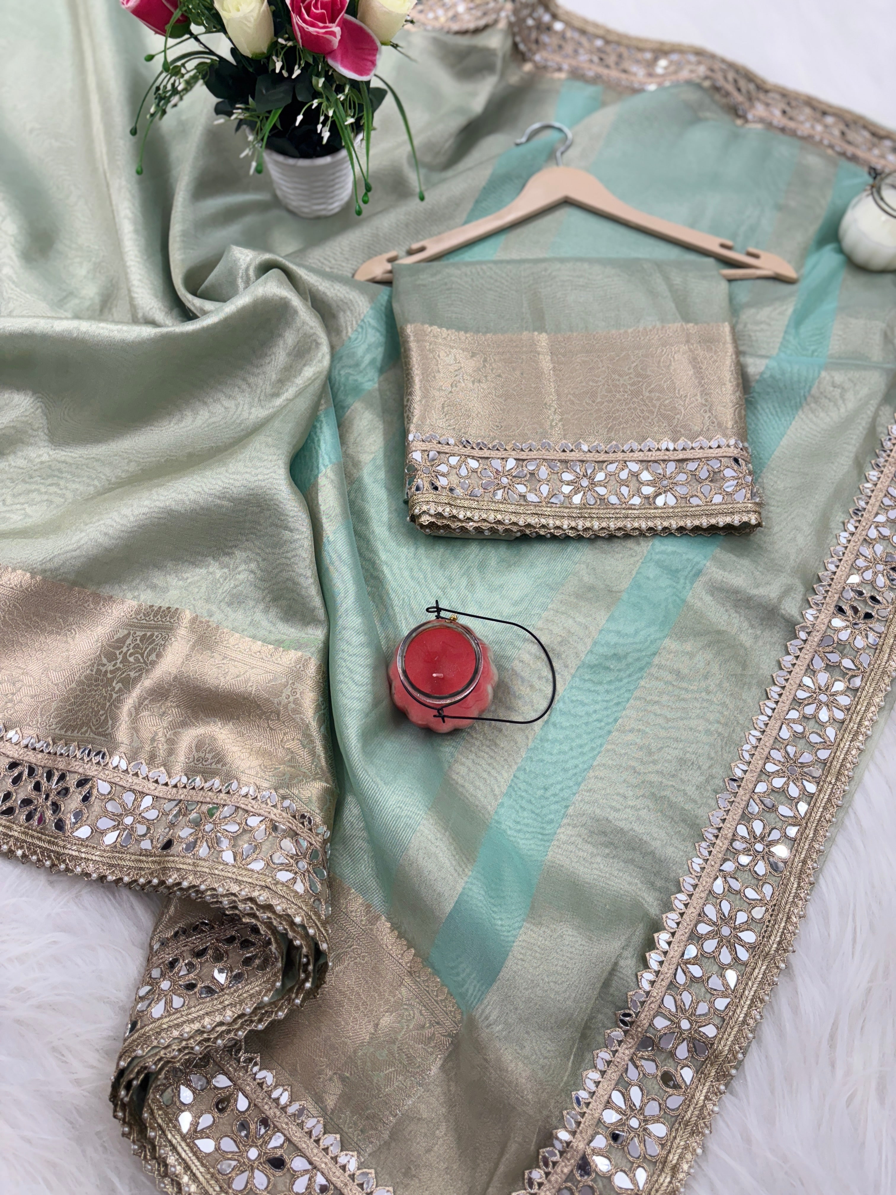 Sea Green Banarasi Rajkumari Mirror Work Tissue Silk Saree