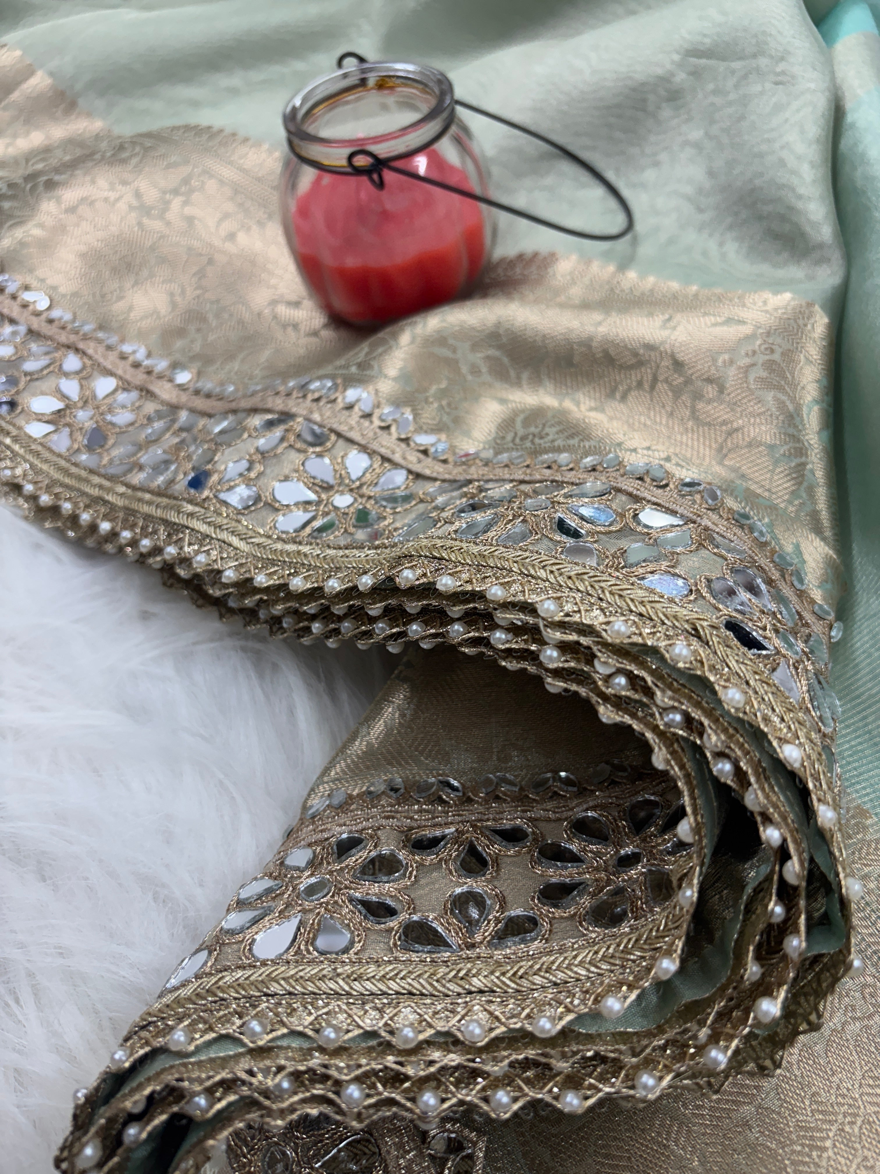 Sea Green Banarasi Rajkumari Mirror Work Tissue Silk Saree