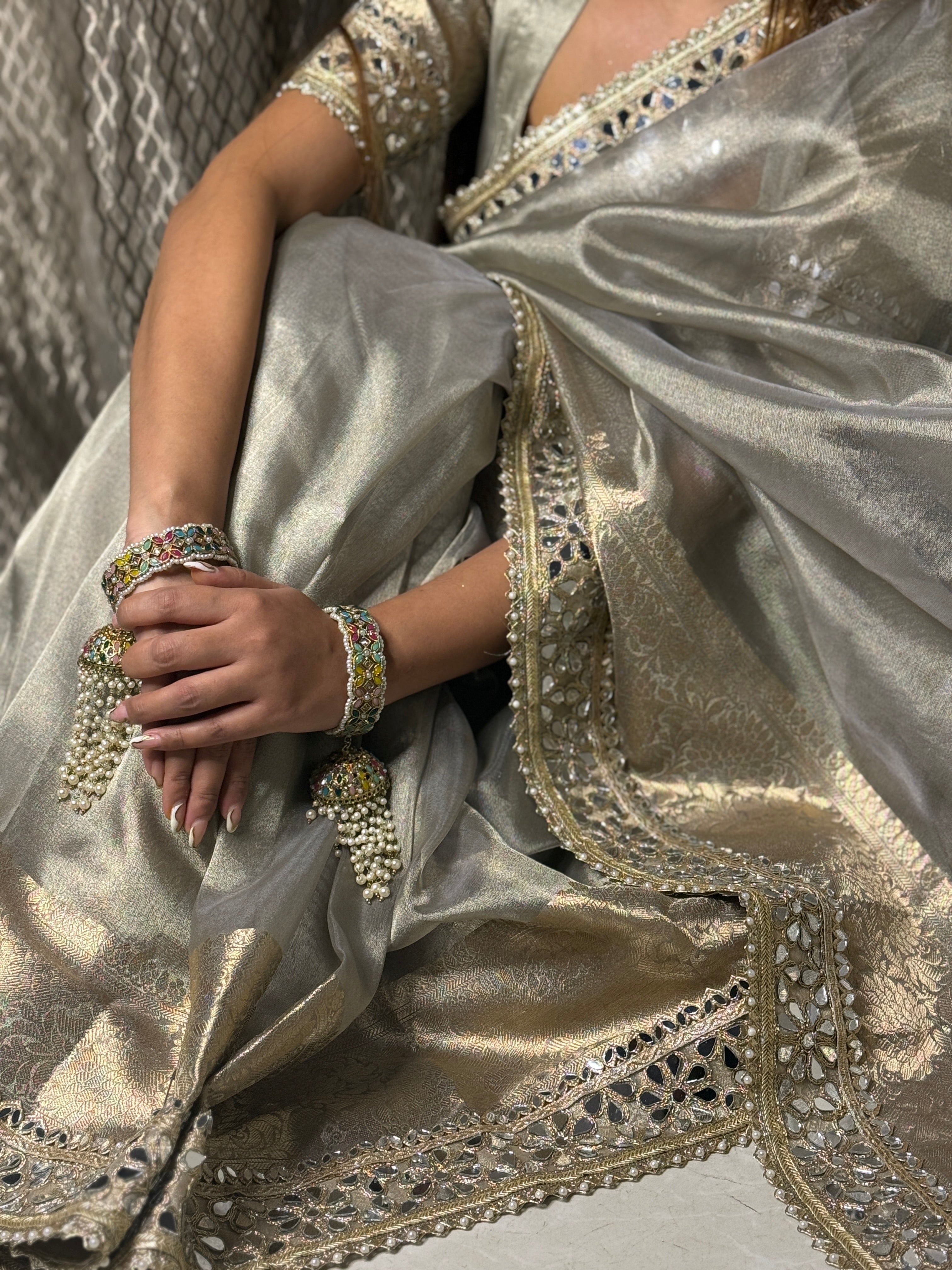 Moonlit Grey Banarasi Rajkumari Mirror Work Tissue Silk Saree