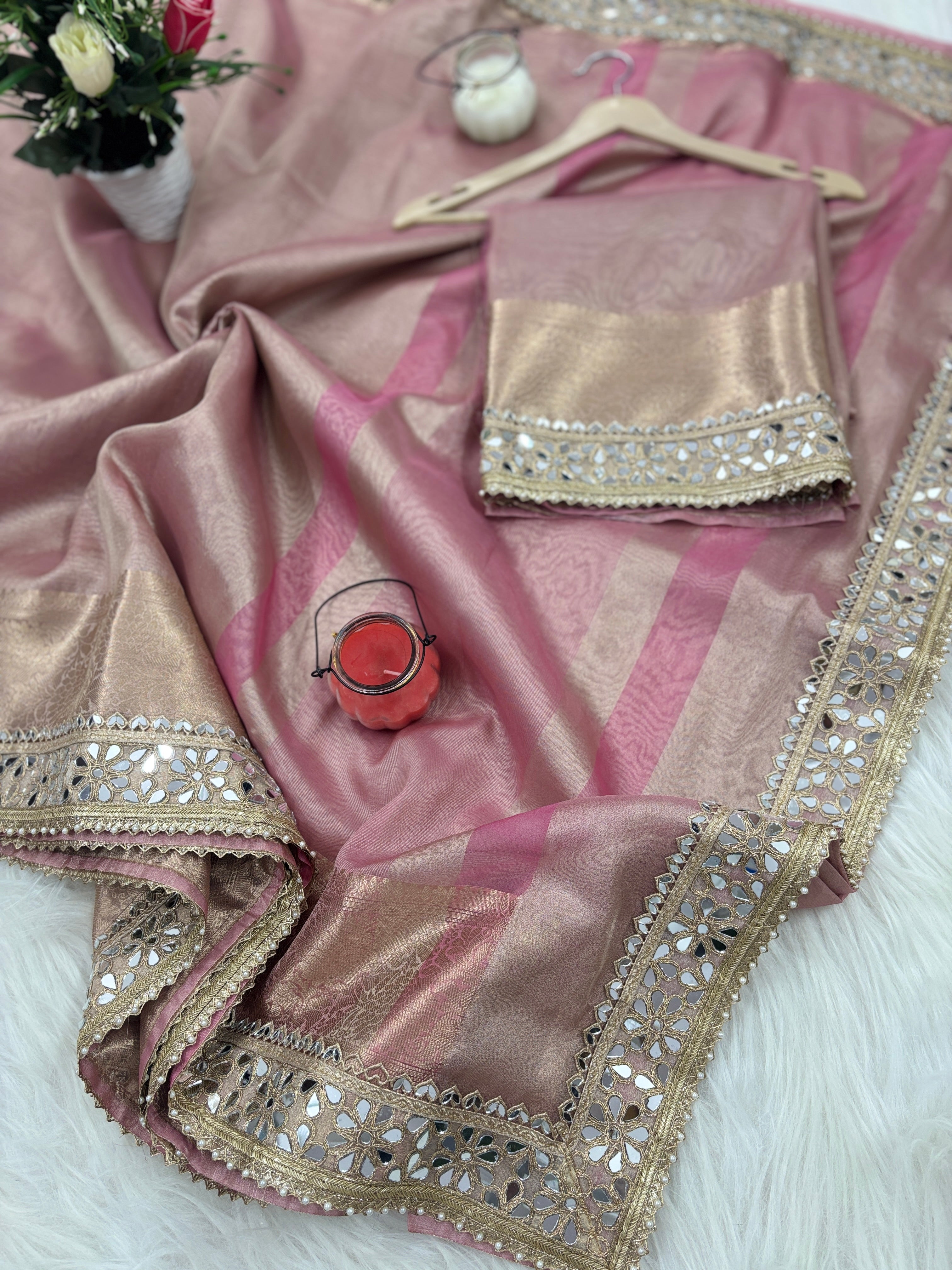 Baby Pink Banarasi Rajkumari Mirror Work Tissue Silk Saree