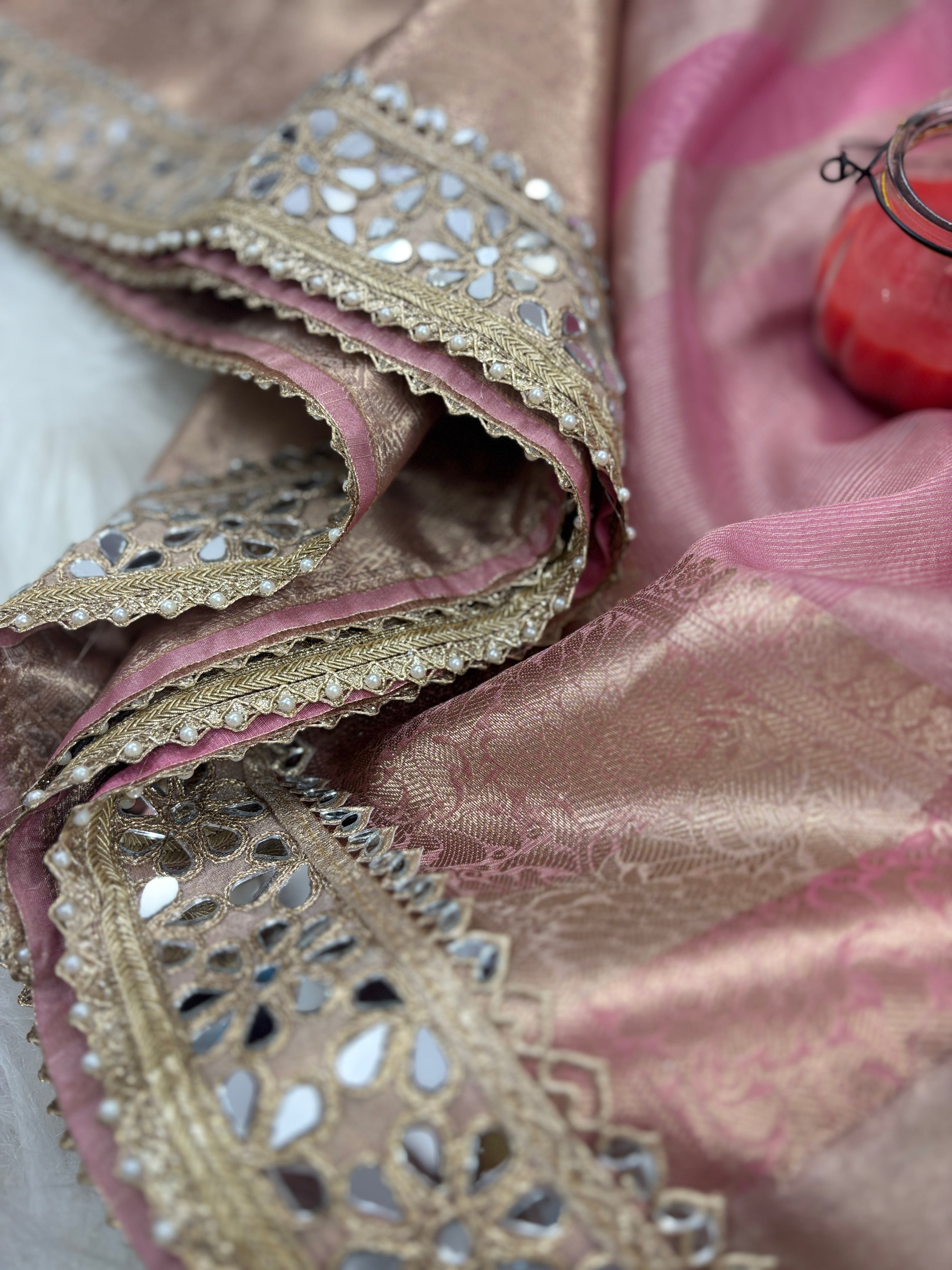 Baby Pink Banarasi Rajkumari Mirror Work Tissue Silk Saree