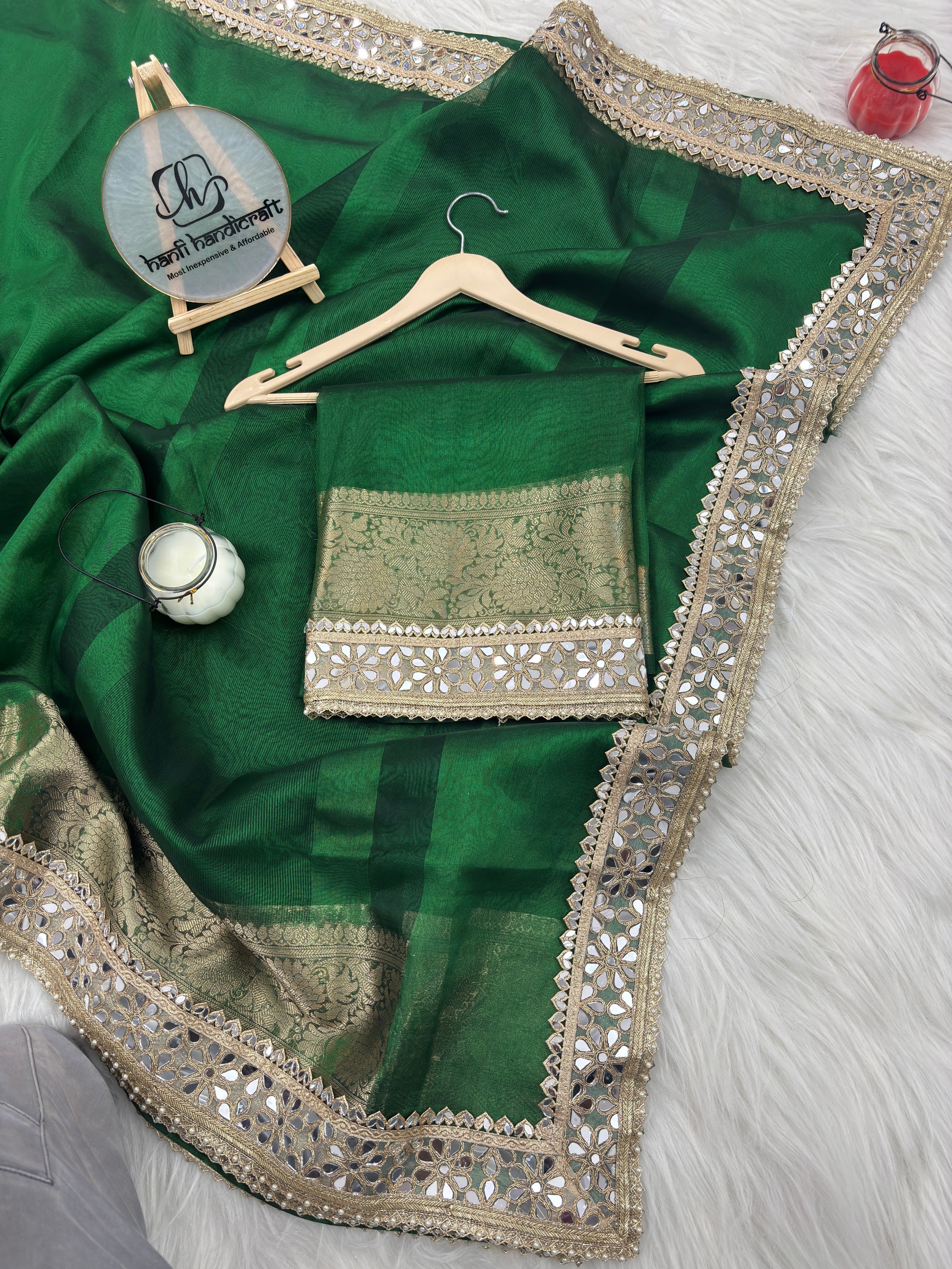 Bottle Green Banarasi Rajkumari Mirror Work Tissue Silk Saree