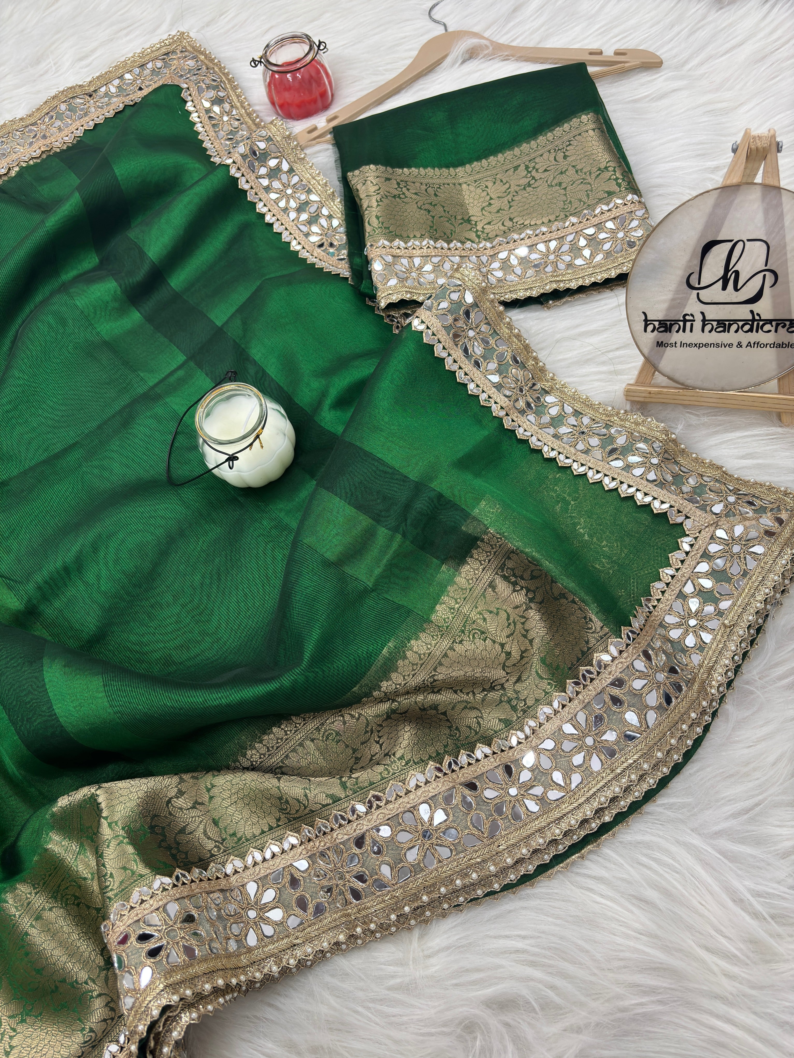Bottle Green Banarasi Rajkumari Mirror Work Tissue Silk Saree