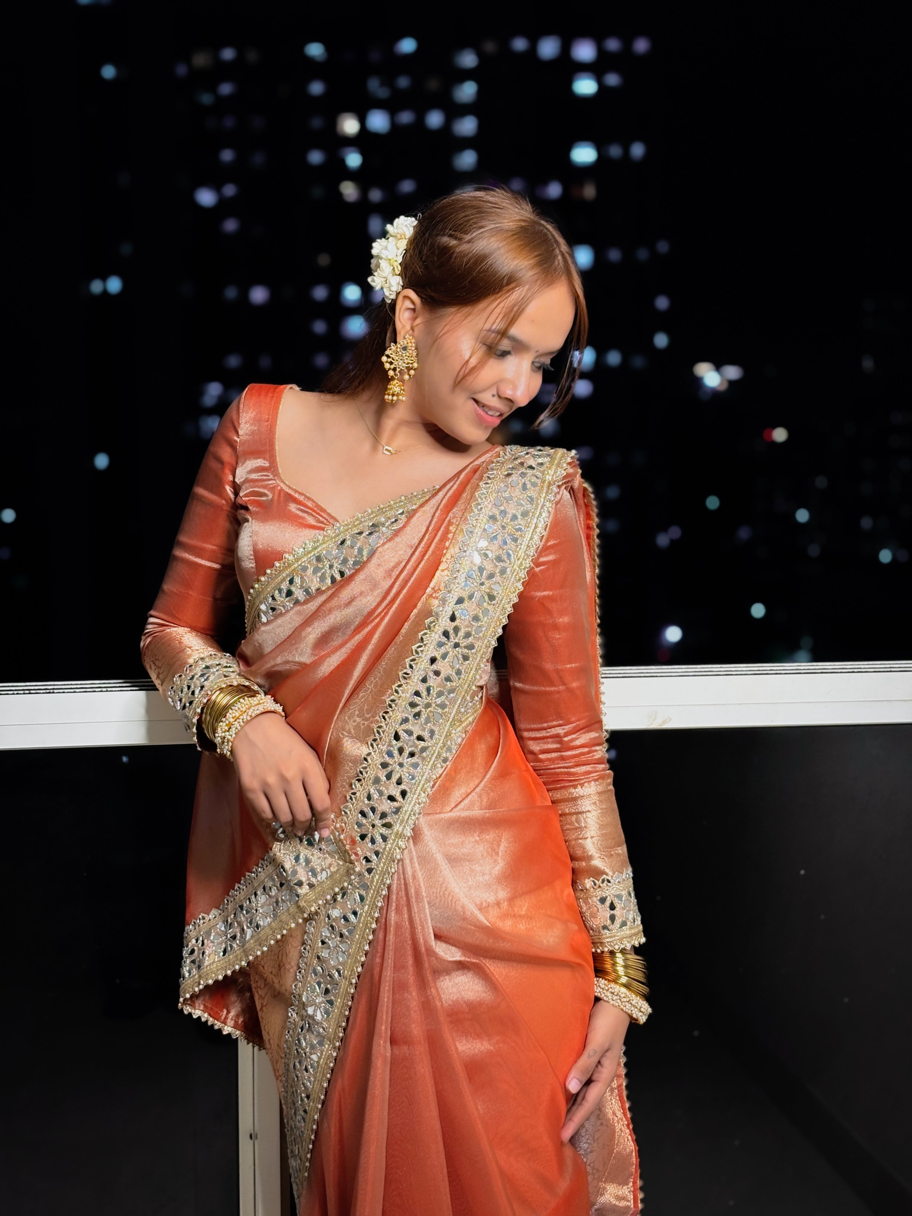 Aurelia Orange Banarasi Rajkumari Mirror Work Tissue Silk Saree