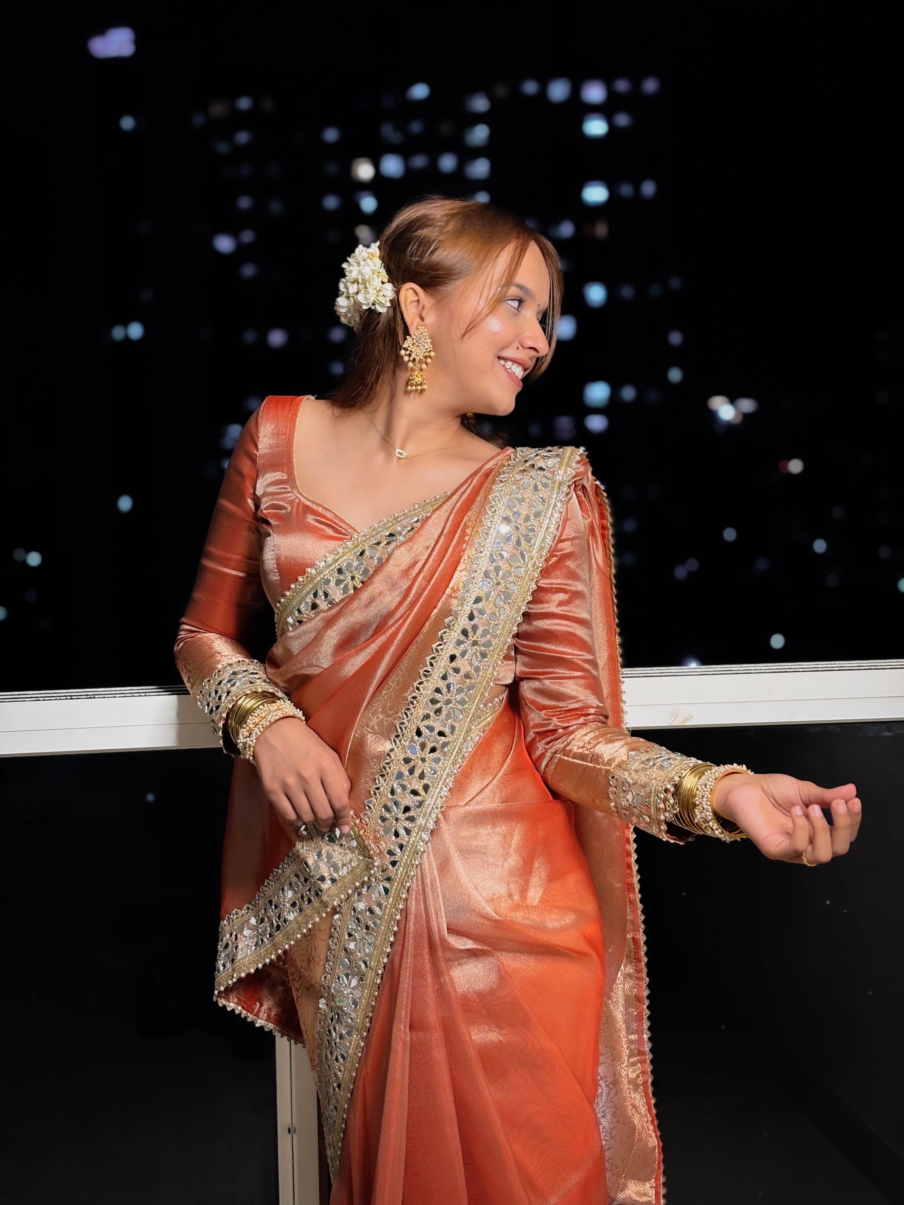 Aurelia Orange Banarasi Rajkumari Mirror Work Tissue Silk Saree