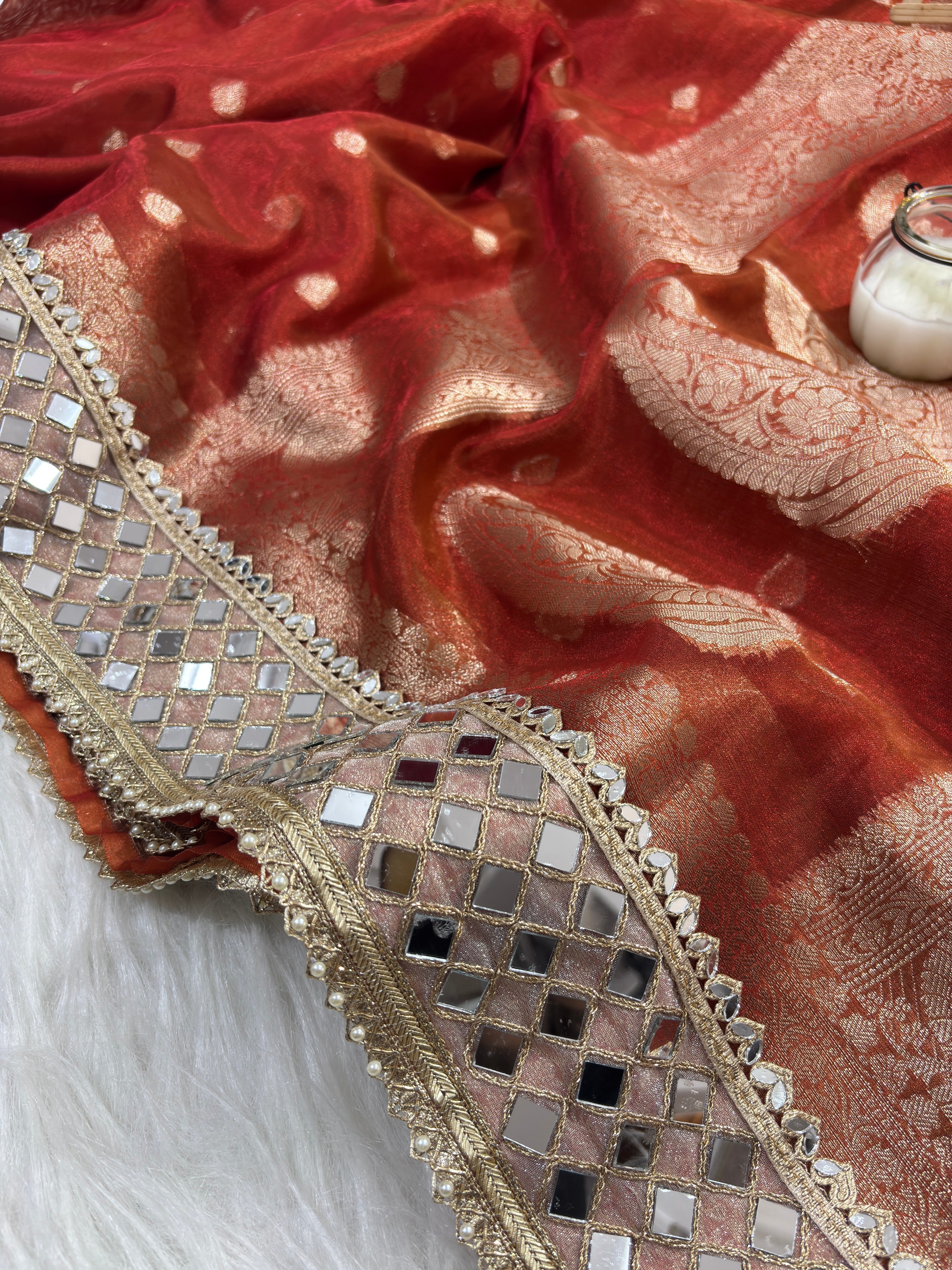 Rust Orange Banarasi Rajwada Mirror Work Tissue Silk Saree