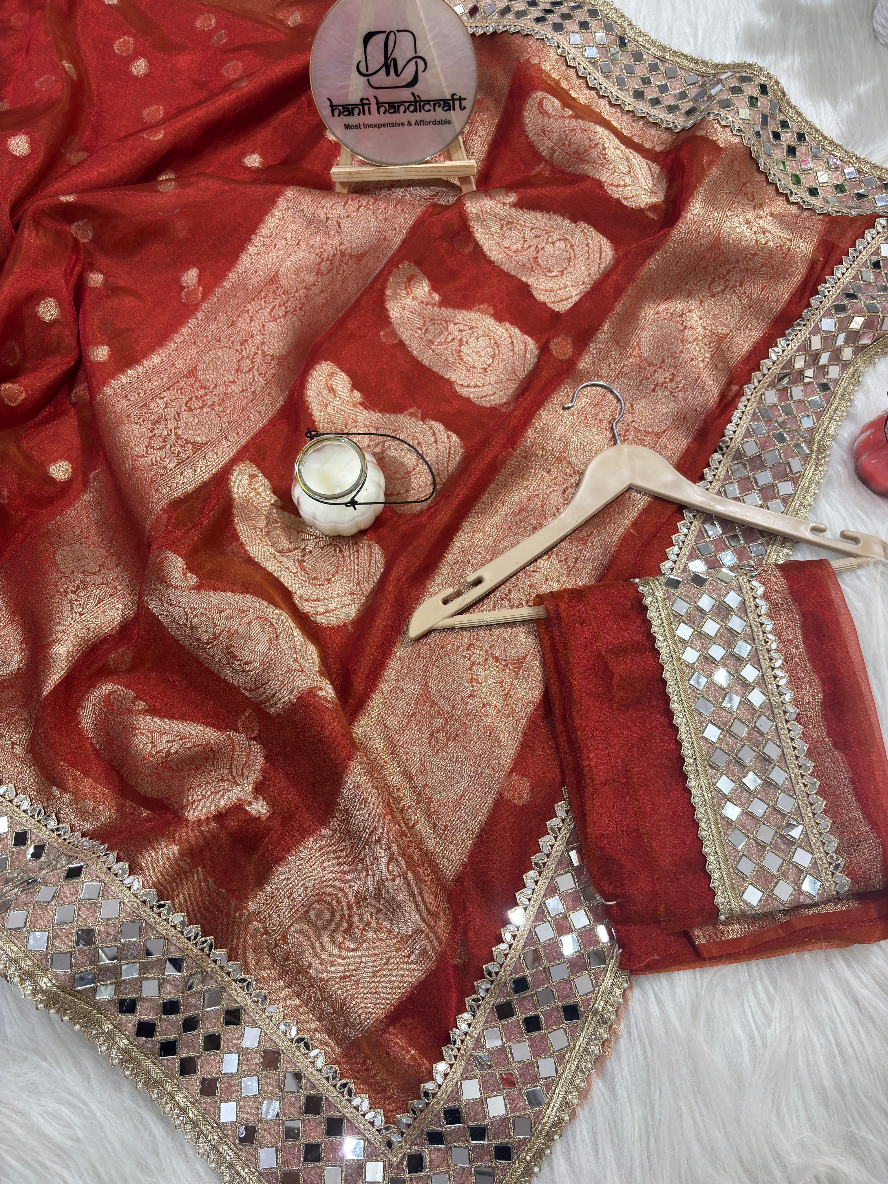 Rust Orange Banarasi Rajwada Mirror Work Tissue Silk Saree