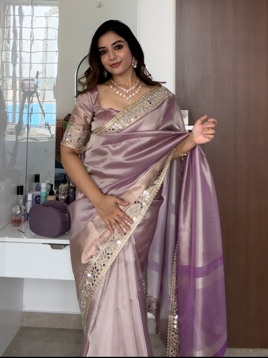 Lilac Purple Banarasi Rajkumari Mirror Work Tissue Silk Saree