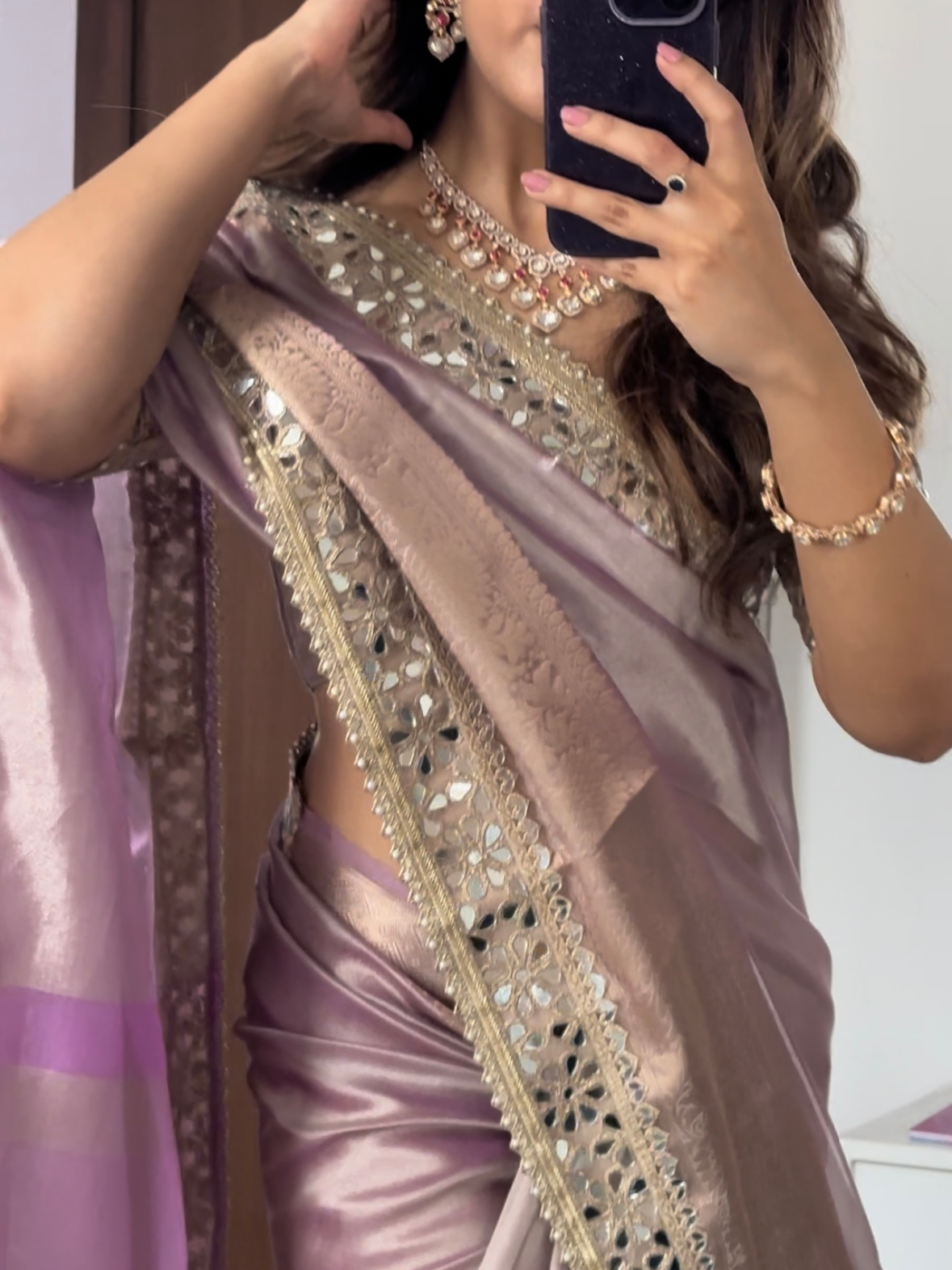 Lilac Purple Banarasi Rajkumari Mirror Work Tissue Silk Saree