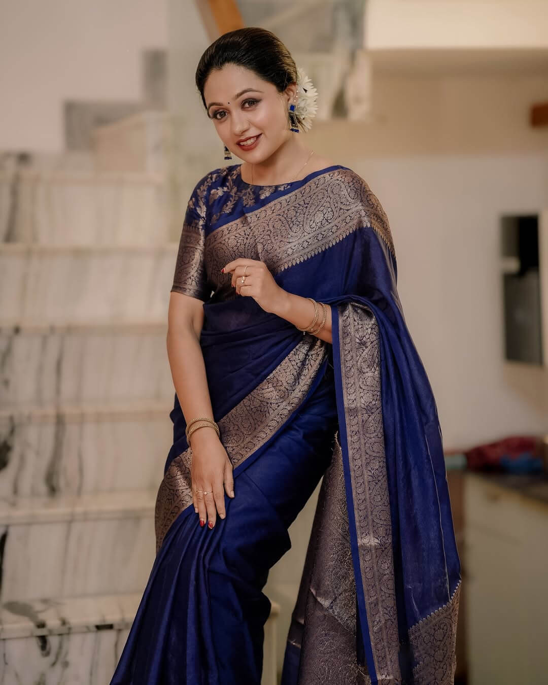 Navy Blue Classic Banarasi Woven Soft Saree with Antique Zari Borders