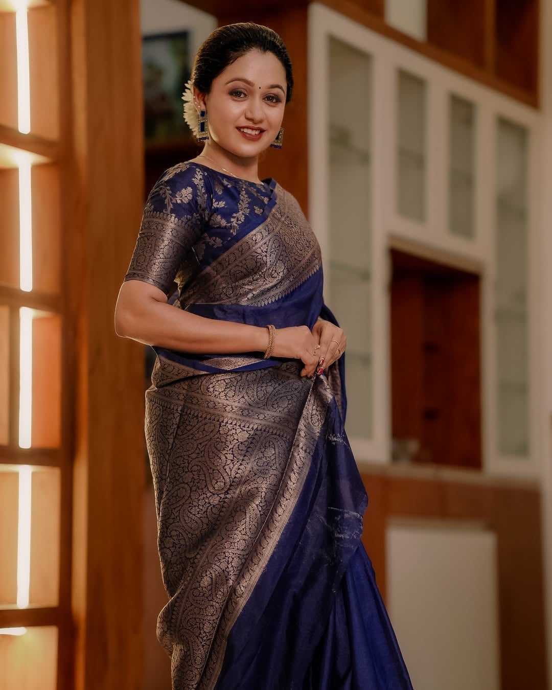 Navy Blue Classic Banarasi Woven Soft Saree with Antique Zari Borders