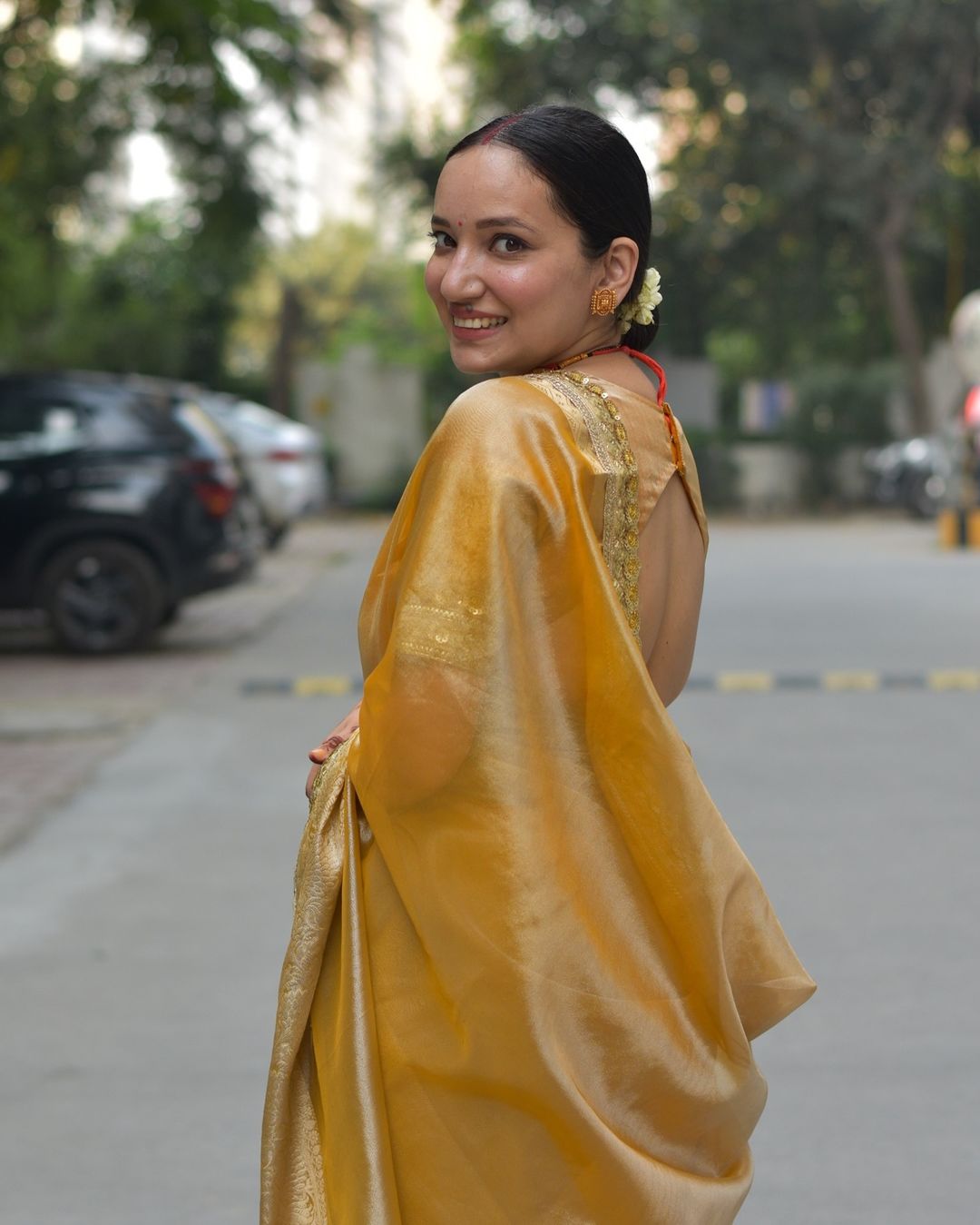 Macaroon Gold Designer Tissue Silk Saree with Hand Zardozi Work